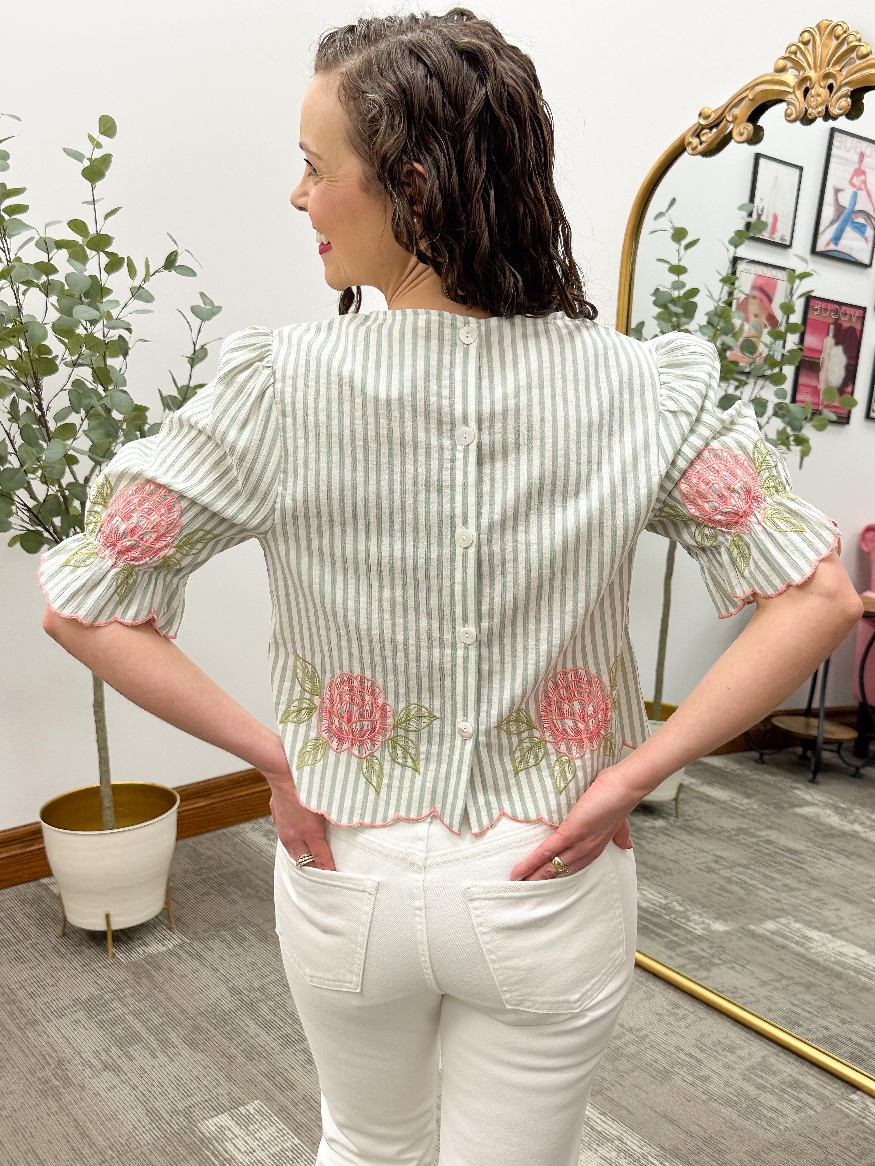Floral Embroidered Striped Blouse