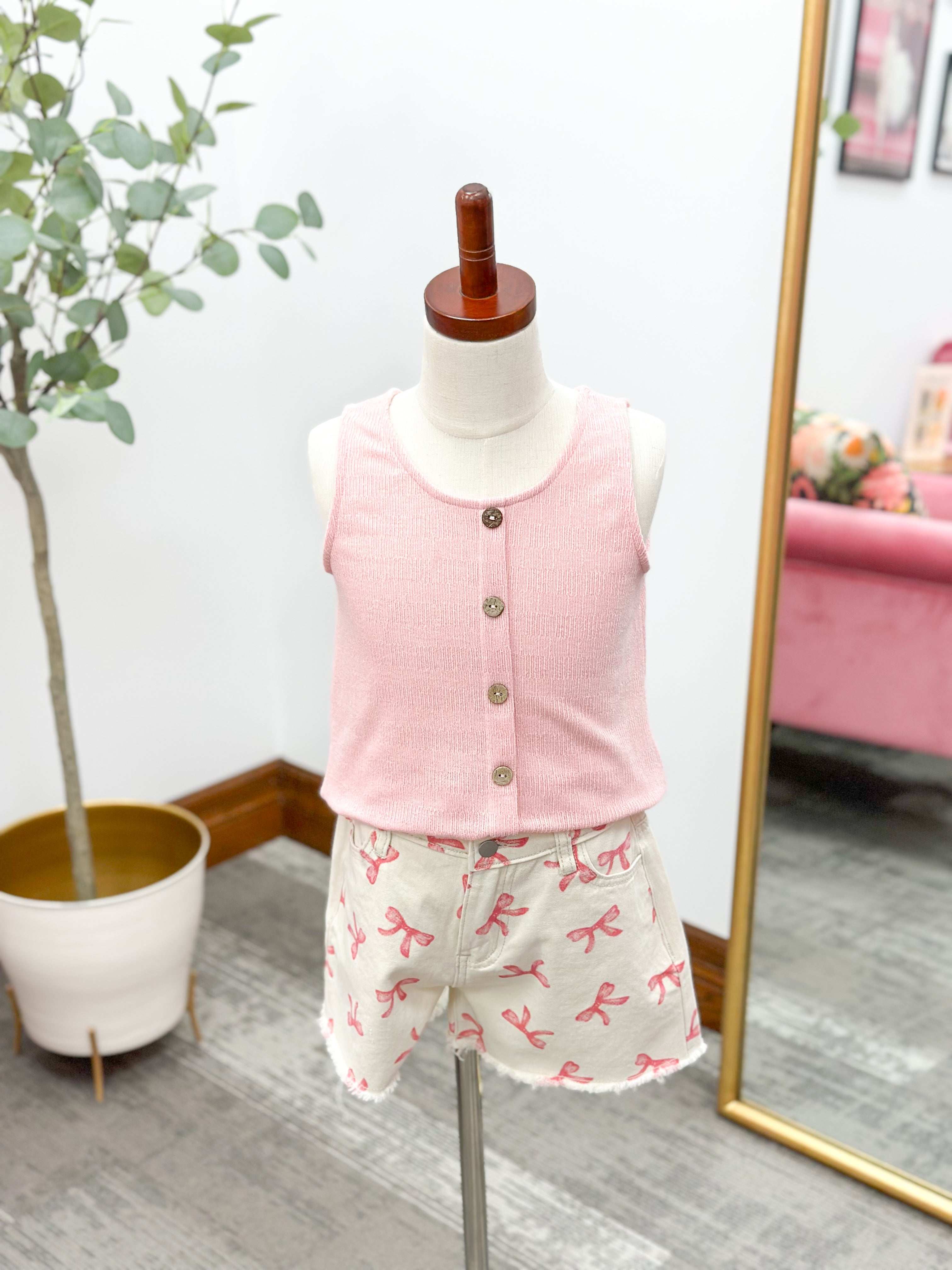 Girls Pink Button Tank Top