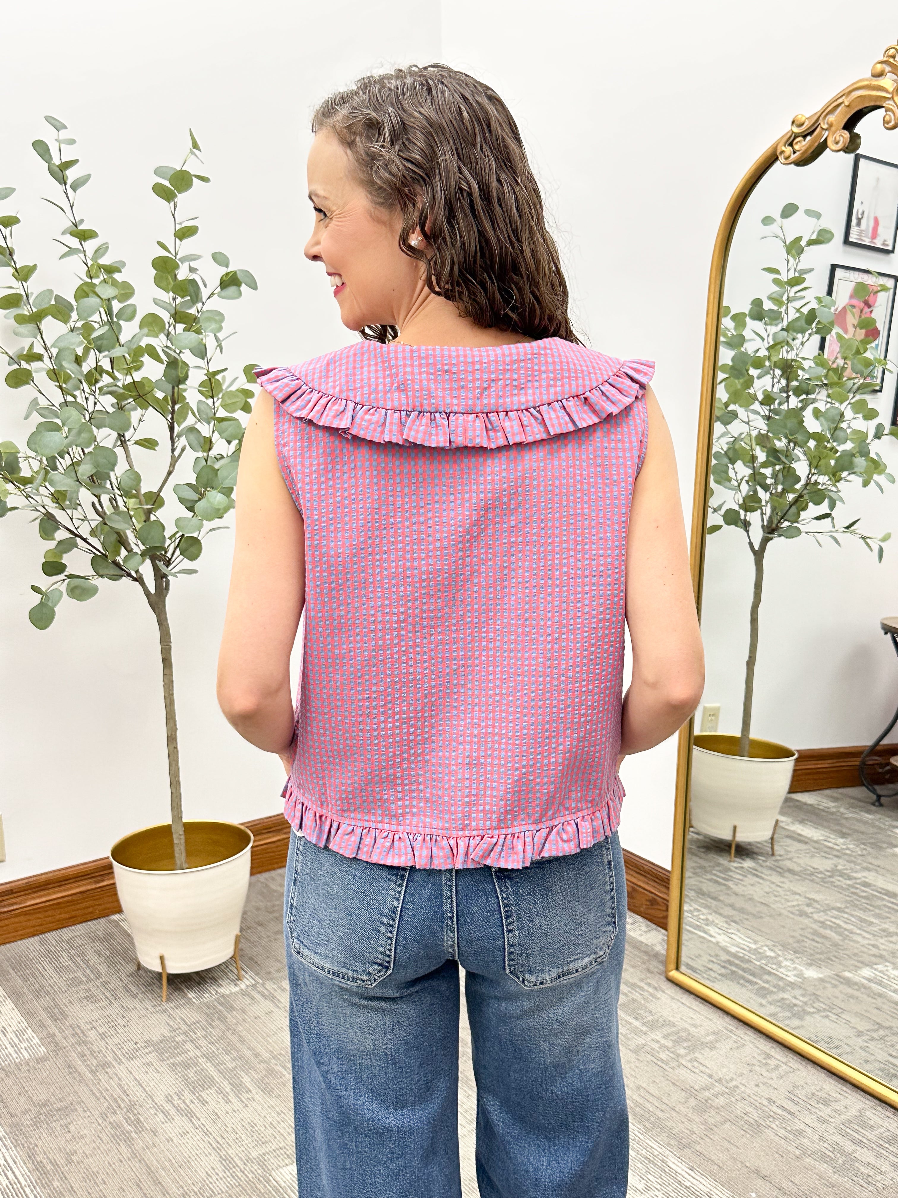 Plaid Peter Pan Collar Sleeveless Blouse