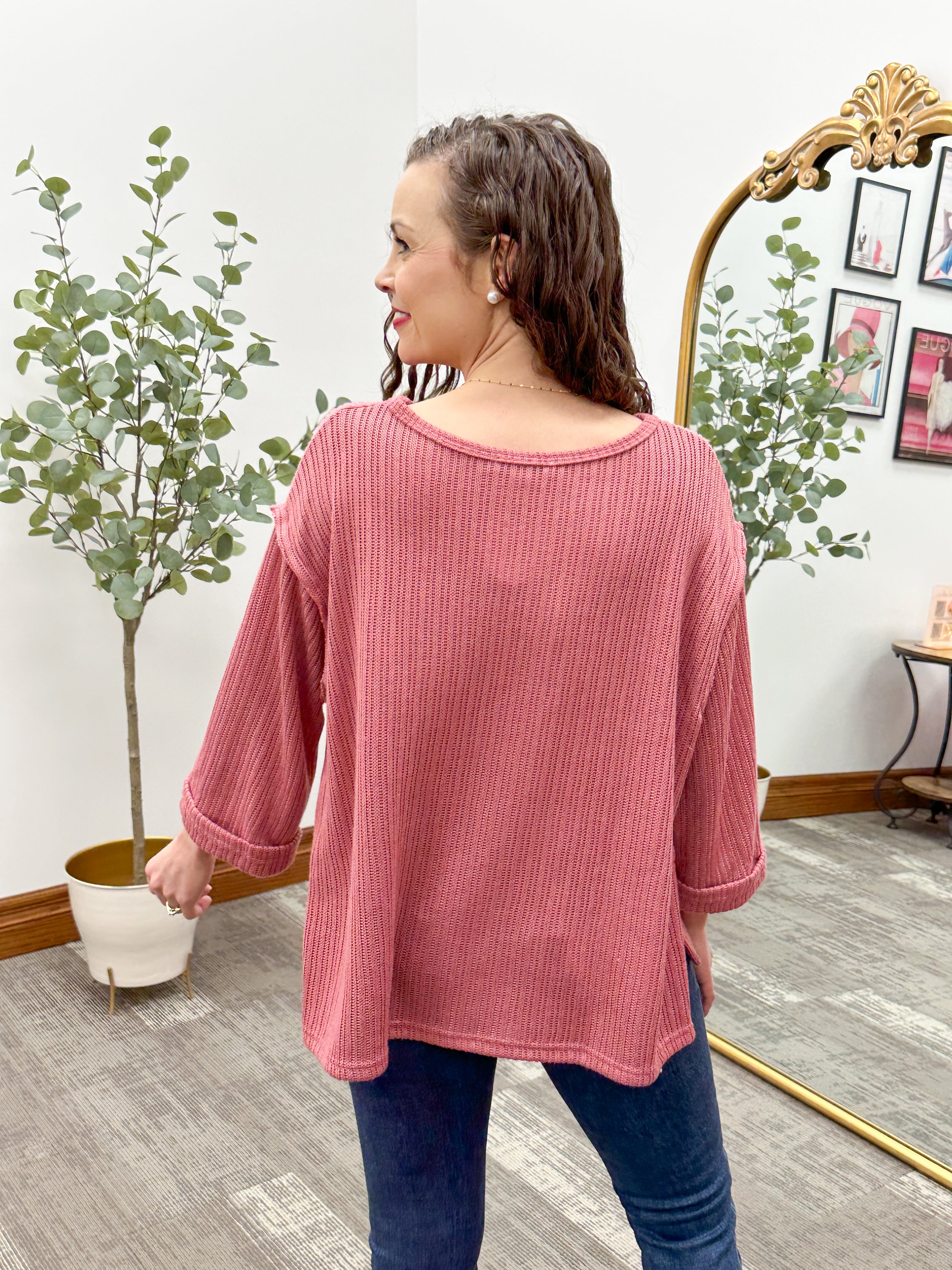 Oversized 3/4 Sleeve Mauve Knit Top