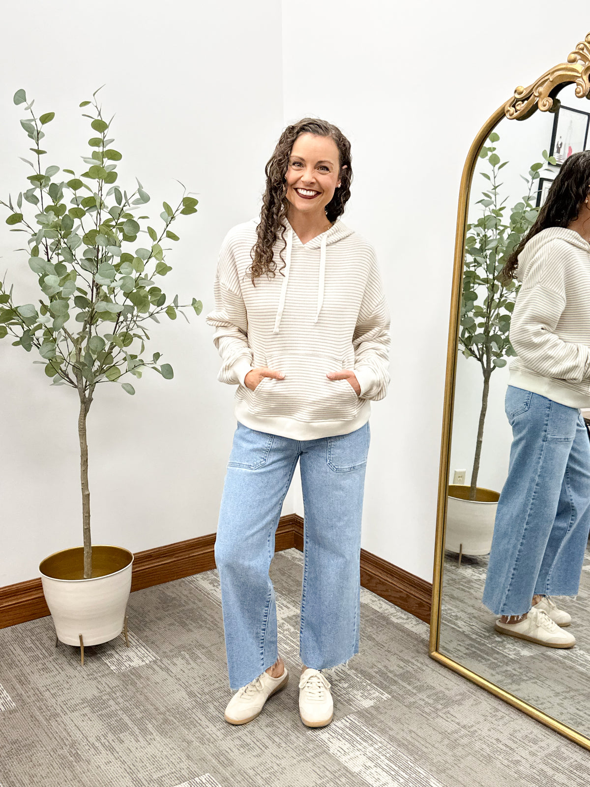 Cream & Taupe Striped Fleece Hoodie
