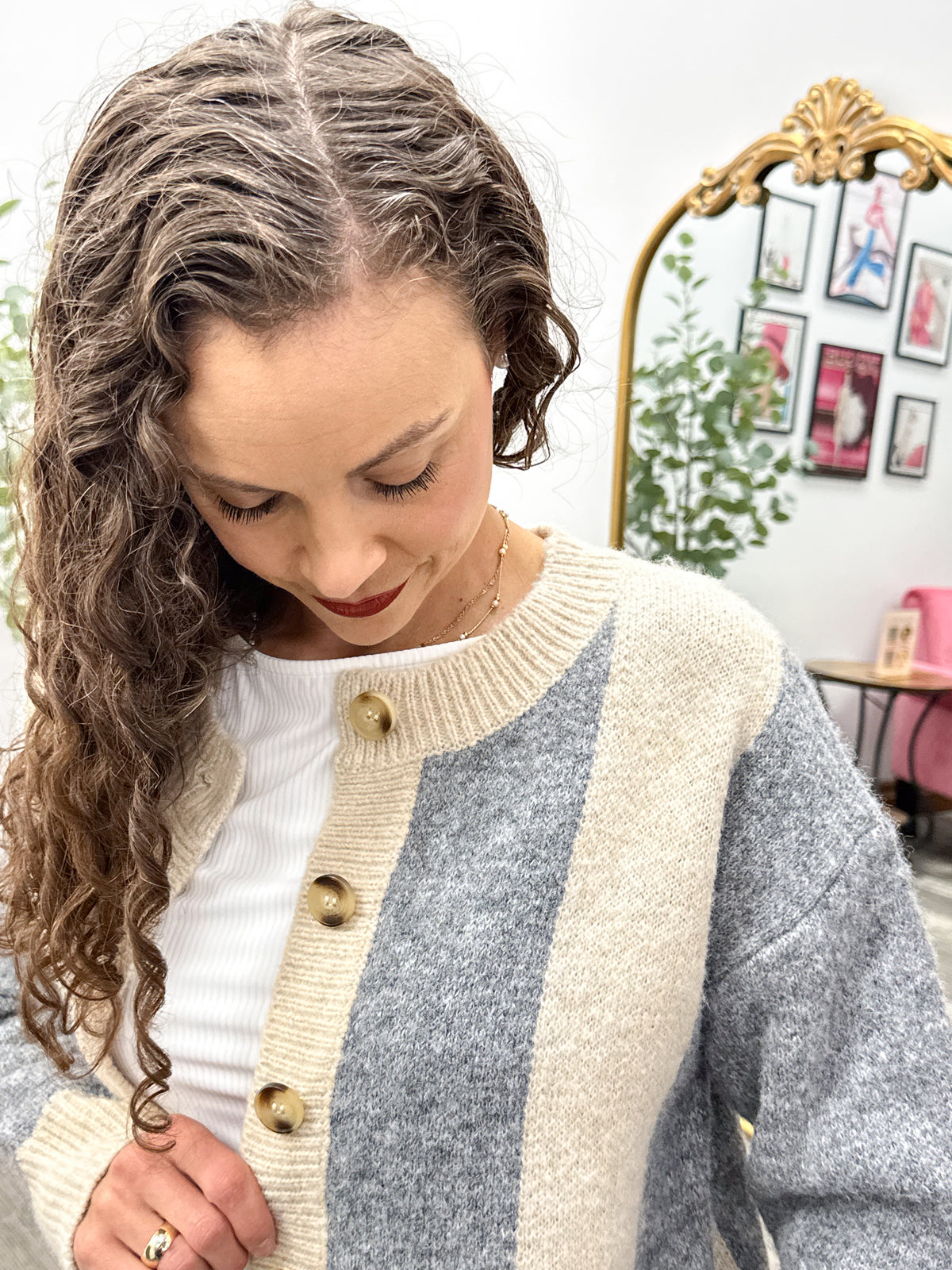 Beige & Gray Vertical Striped Cardigan