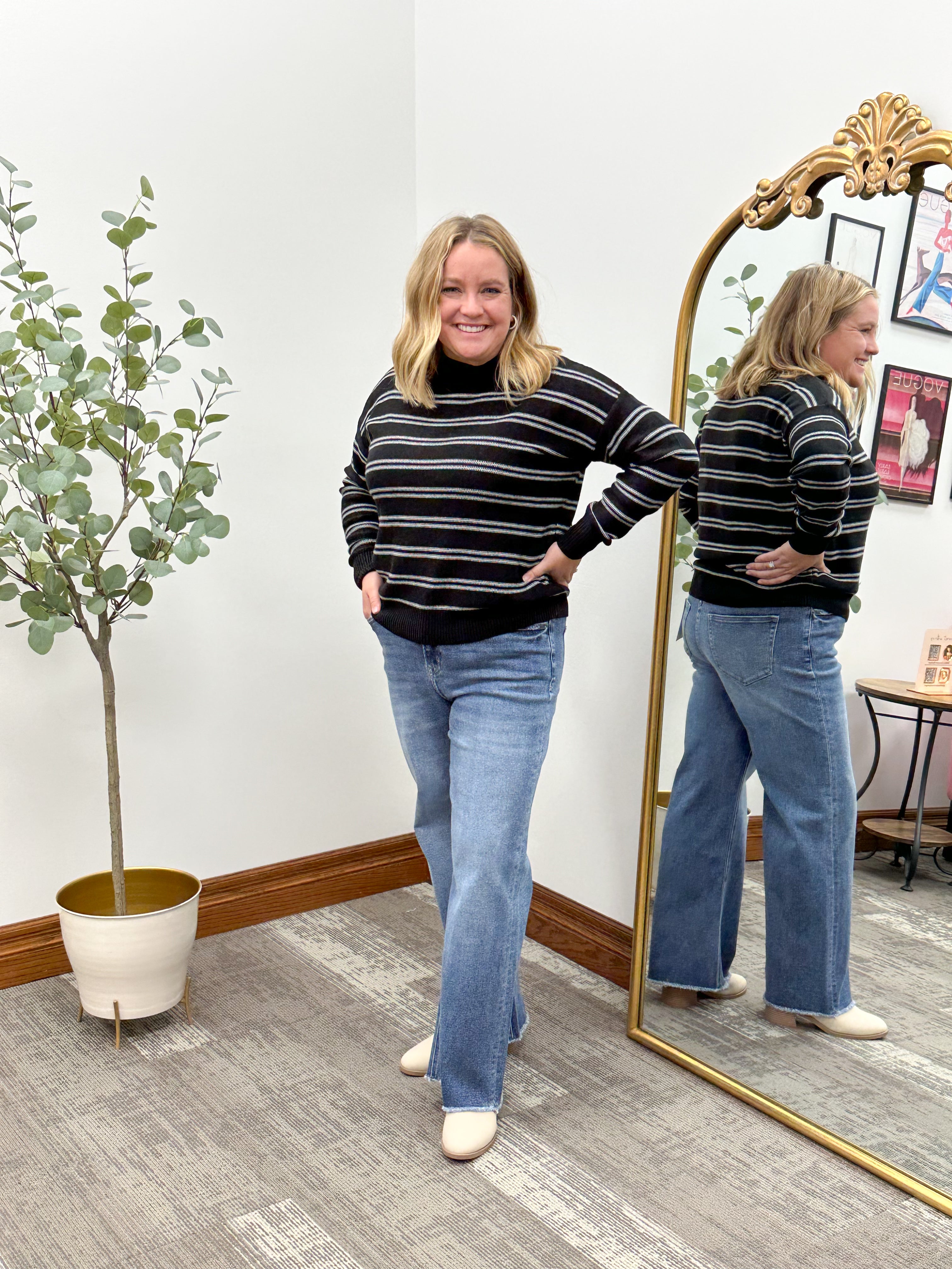 Black & White Striped Mock Neck Sweater