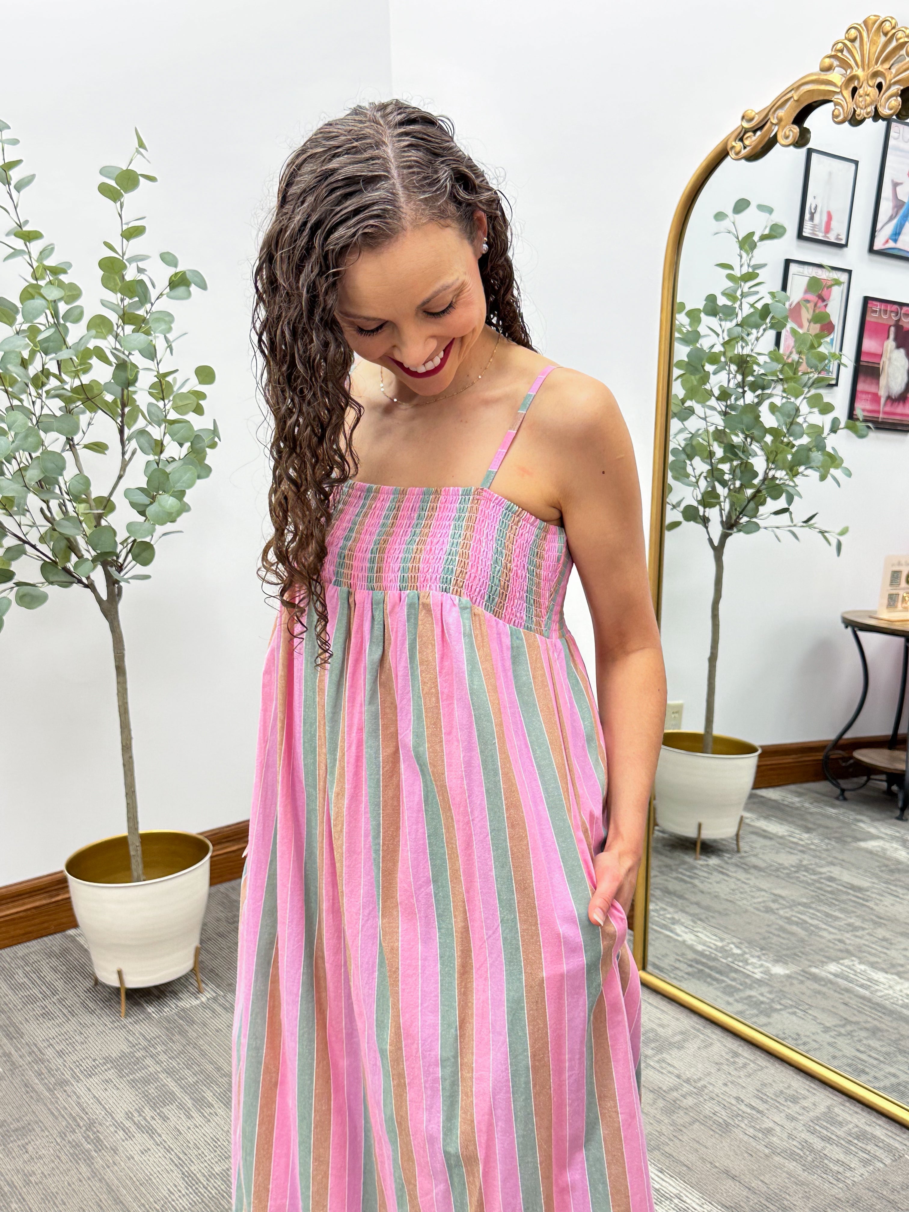 Multicolor Stripe Smocked Midi Dress