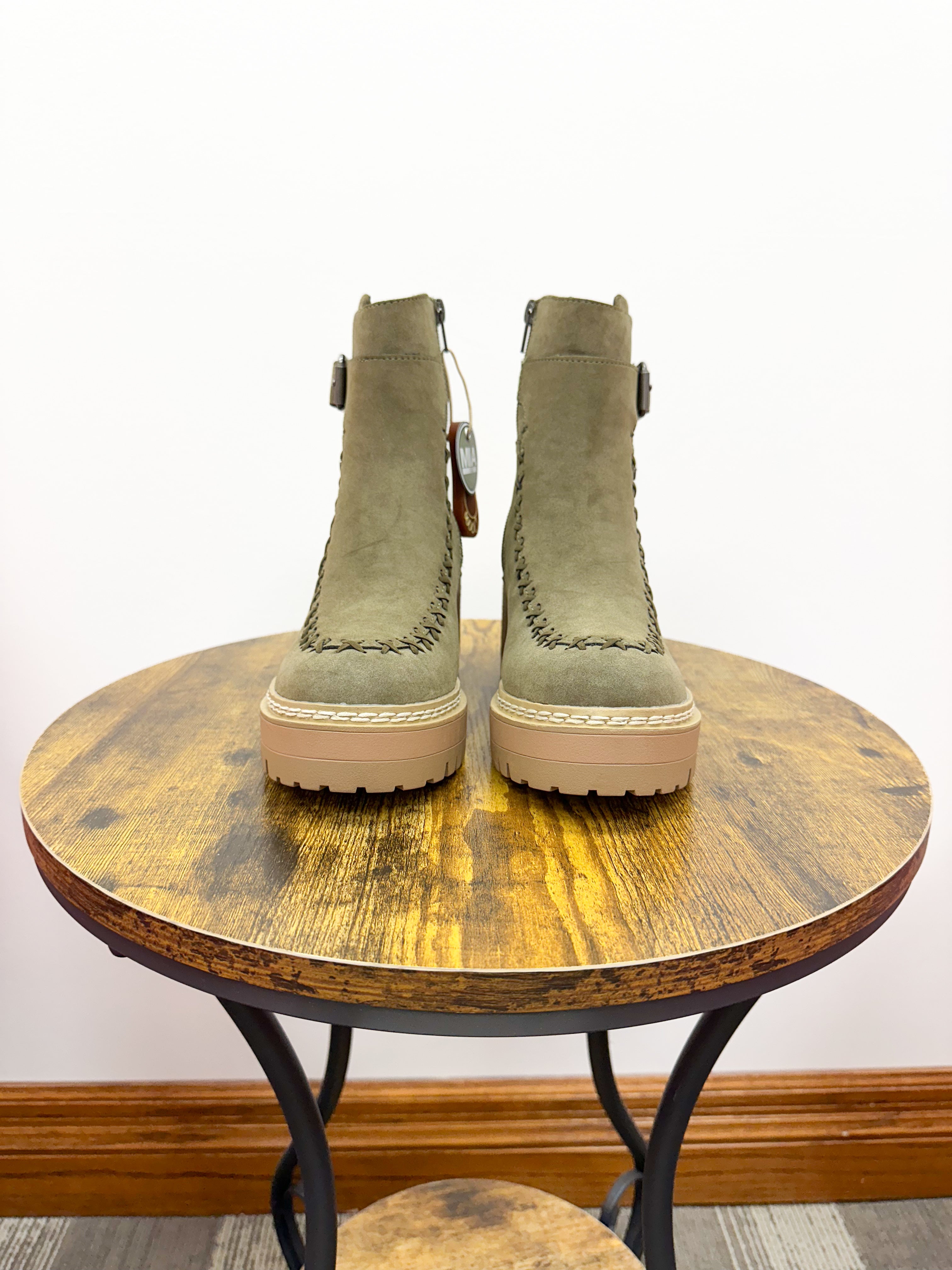 Olive Faux Suede Chunky Heel Bootie