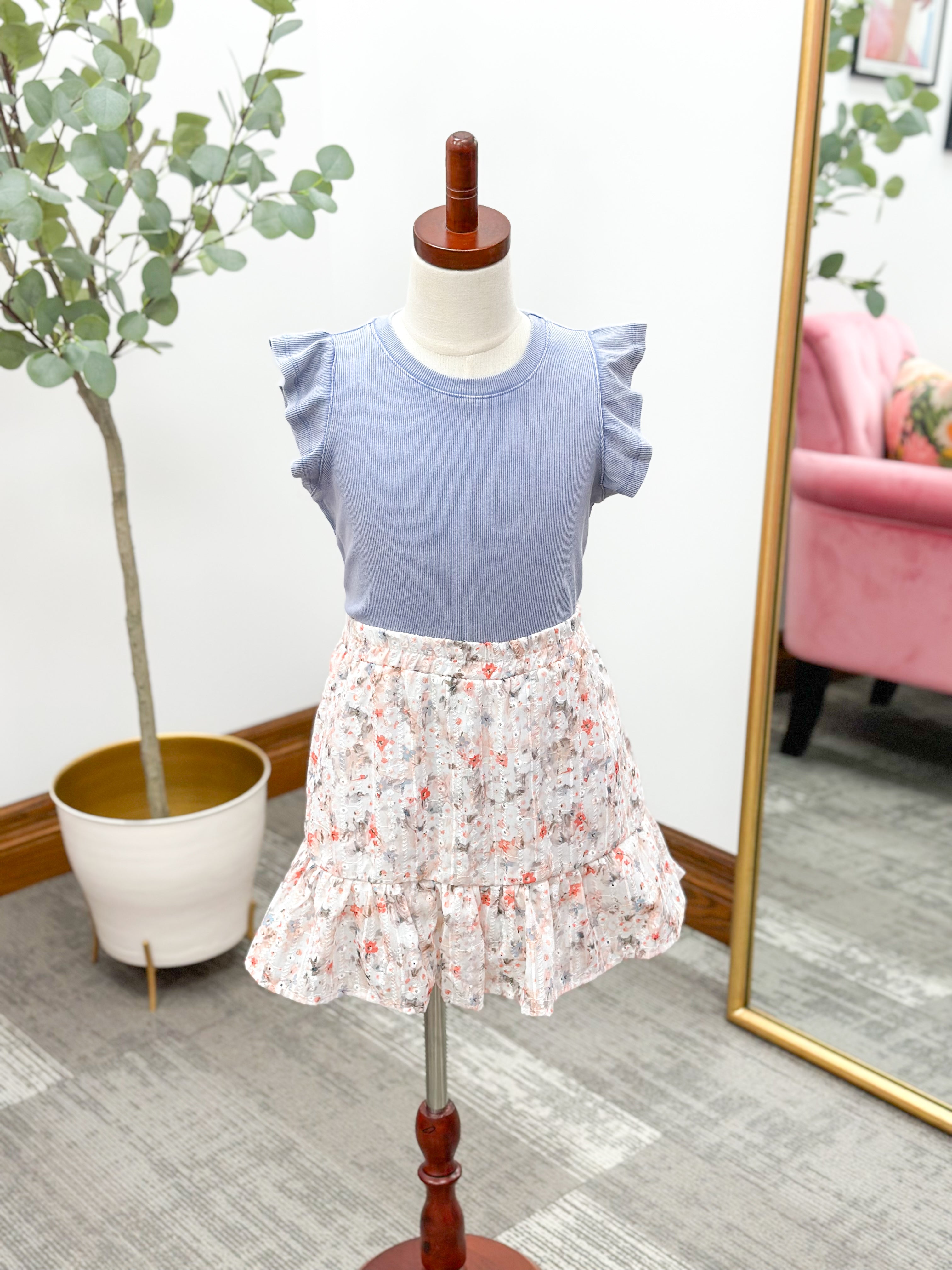 Girls Dusty Blue Ruffle Sleeve Top