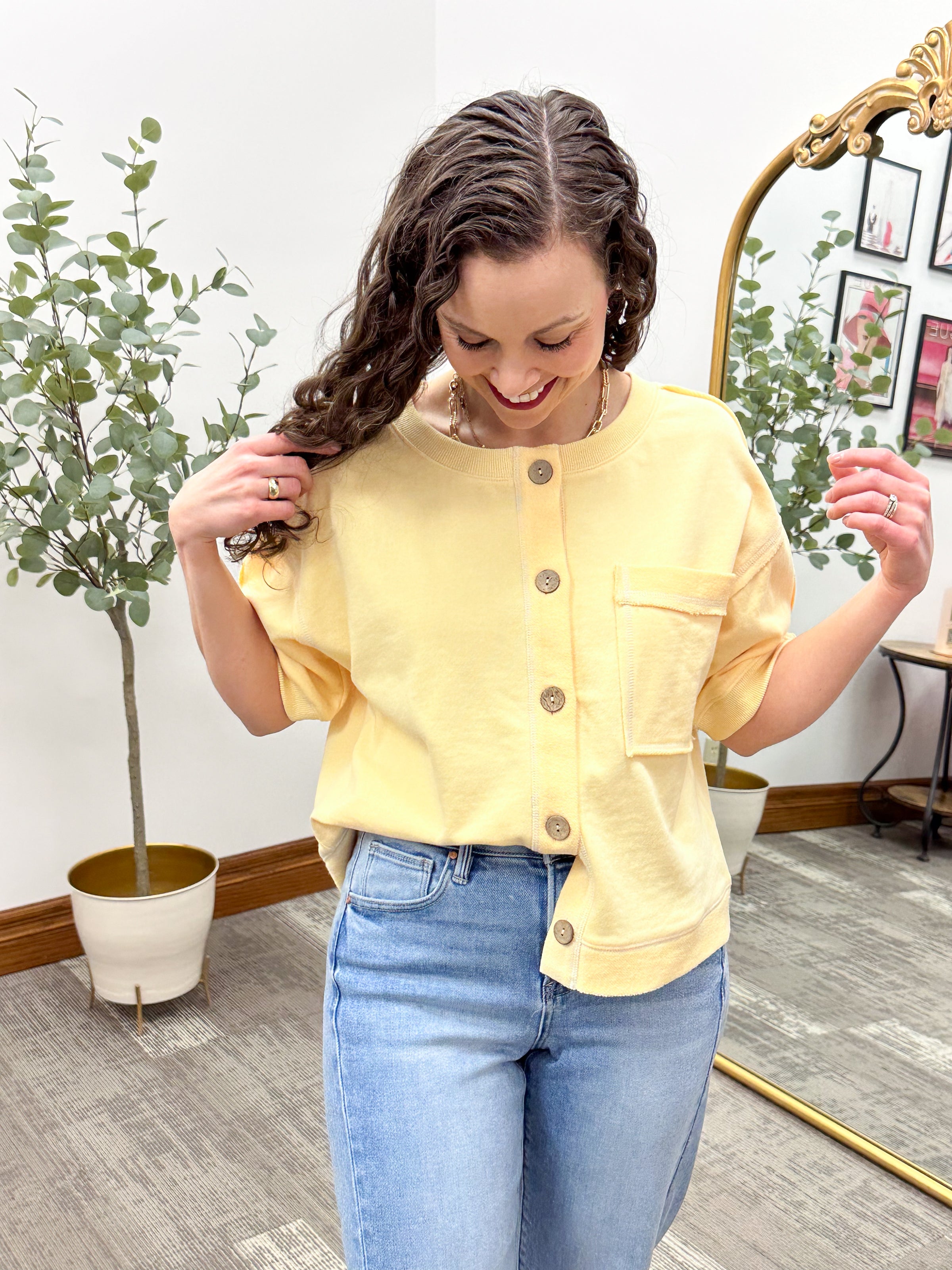Yellow Short Sleeve Sweatshirt, Yellow Button Up Top