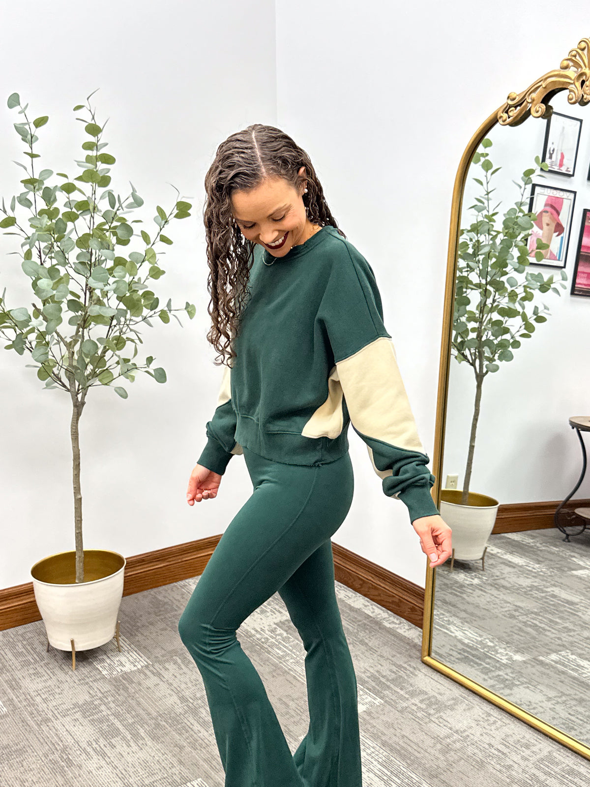 Forest Green Color Block Cropped Sweatshirt