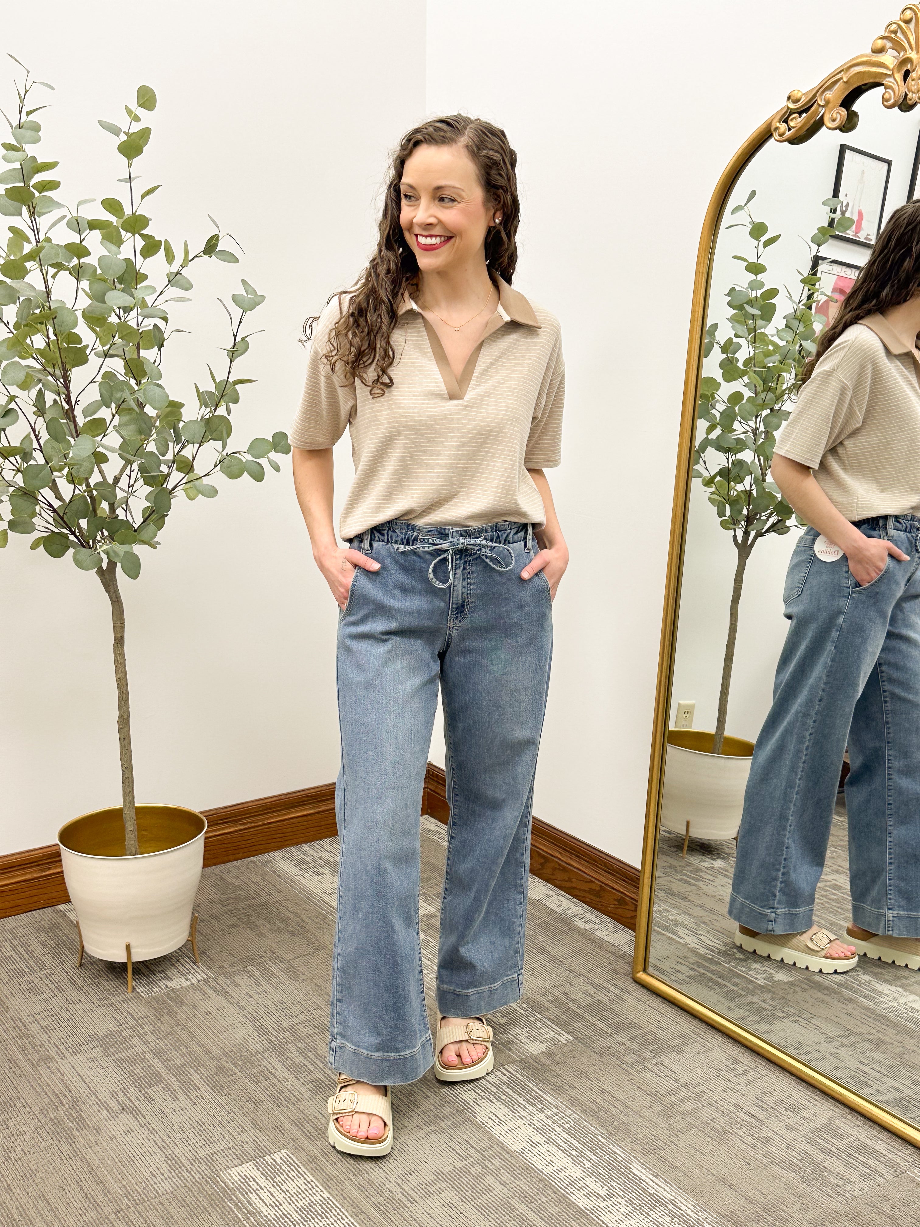 HR Medium Wash Drawstring Wide Leg Jeans