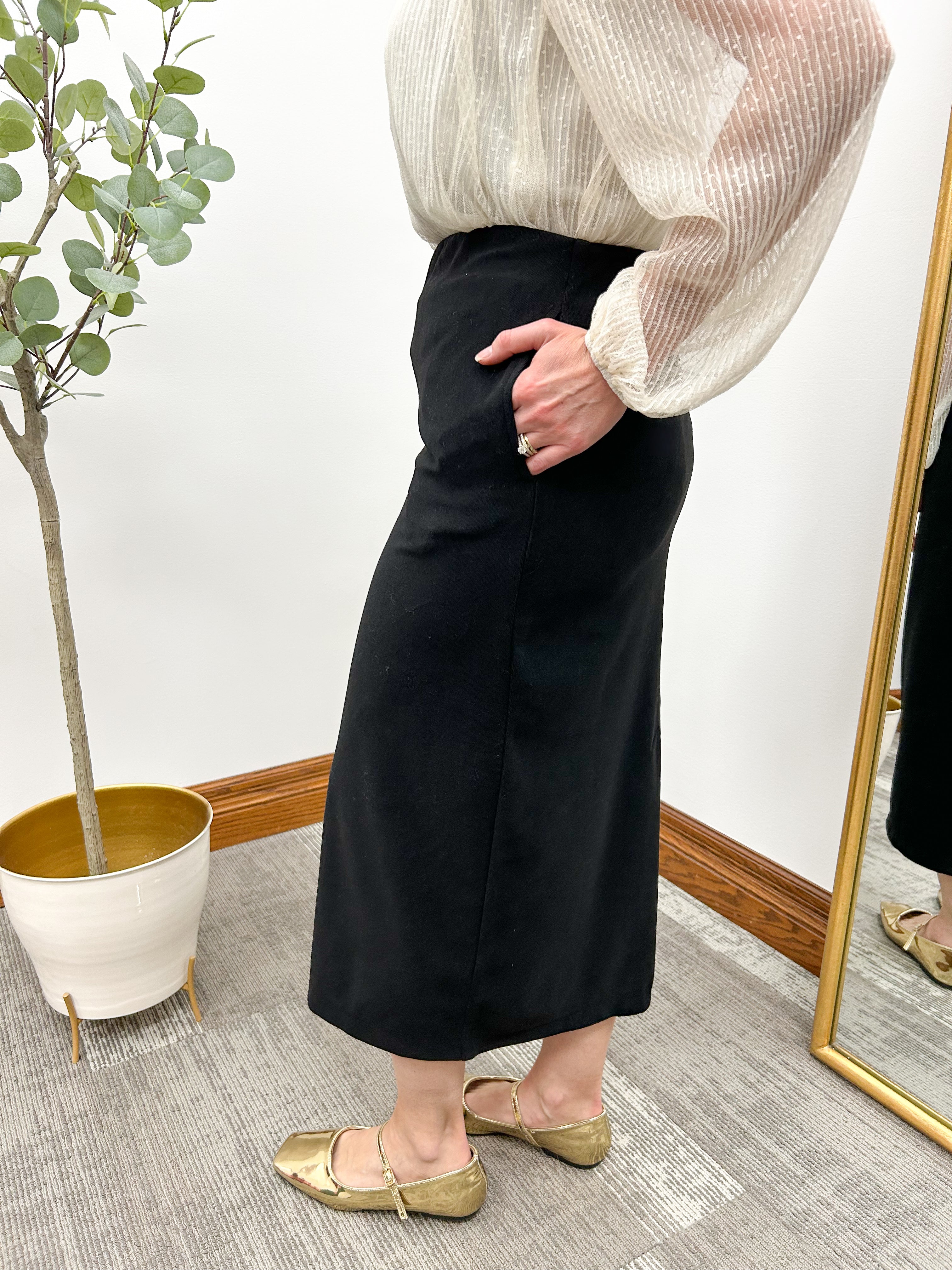 Black Ribbed Brushed Midi Skirt
