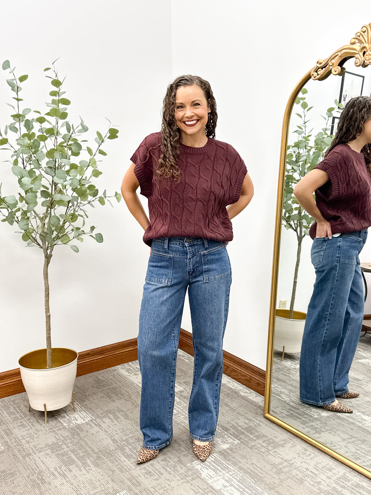 Maroon Cable Knit Short Sleeve Sweater