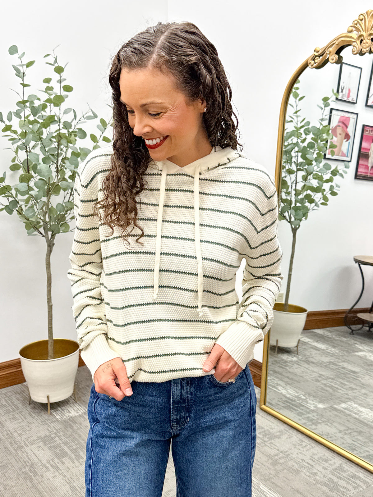 Striped Waffle Knit Hooded Sweater
