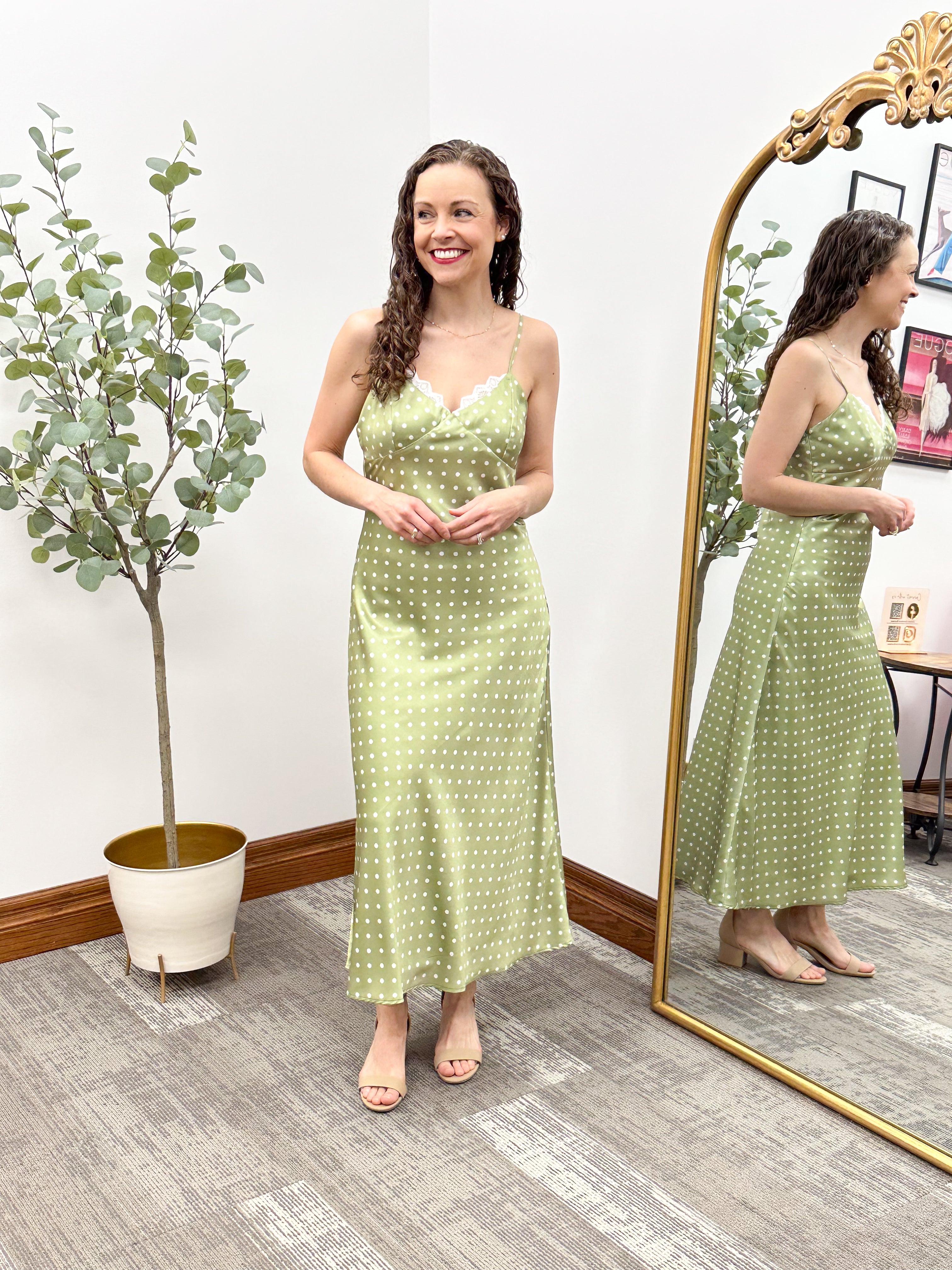 Green Polka Dot Satin Slip Dress