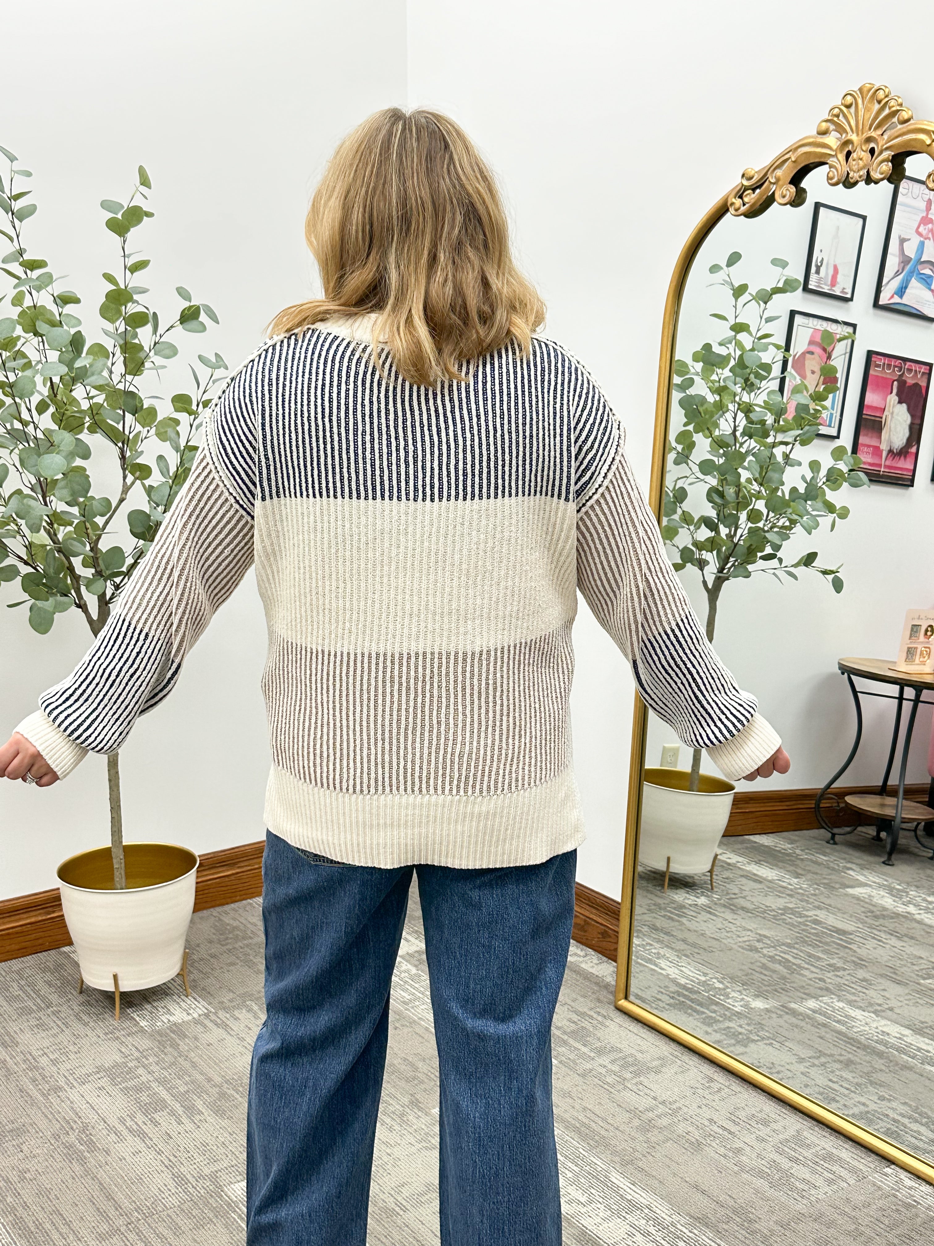 Neutral Color Block Ribbed Sweater