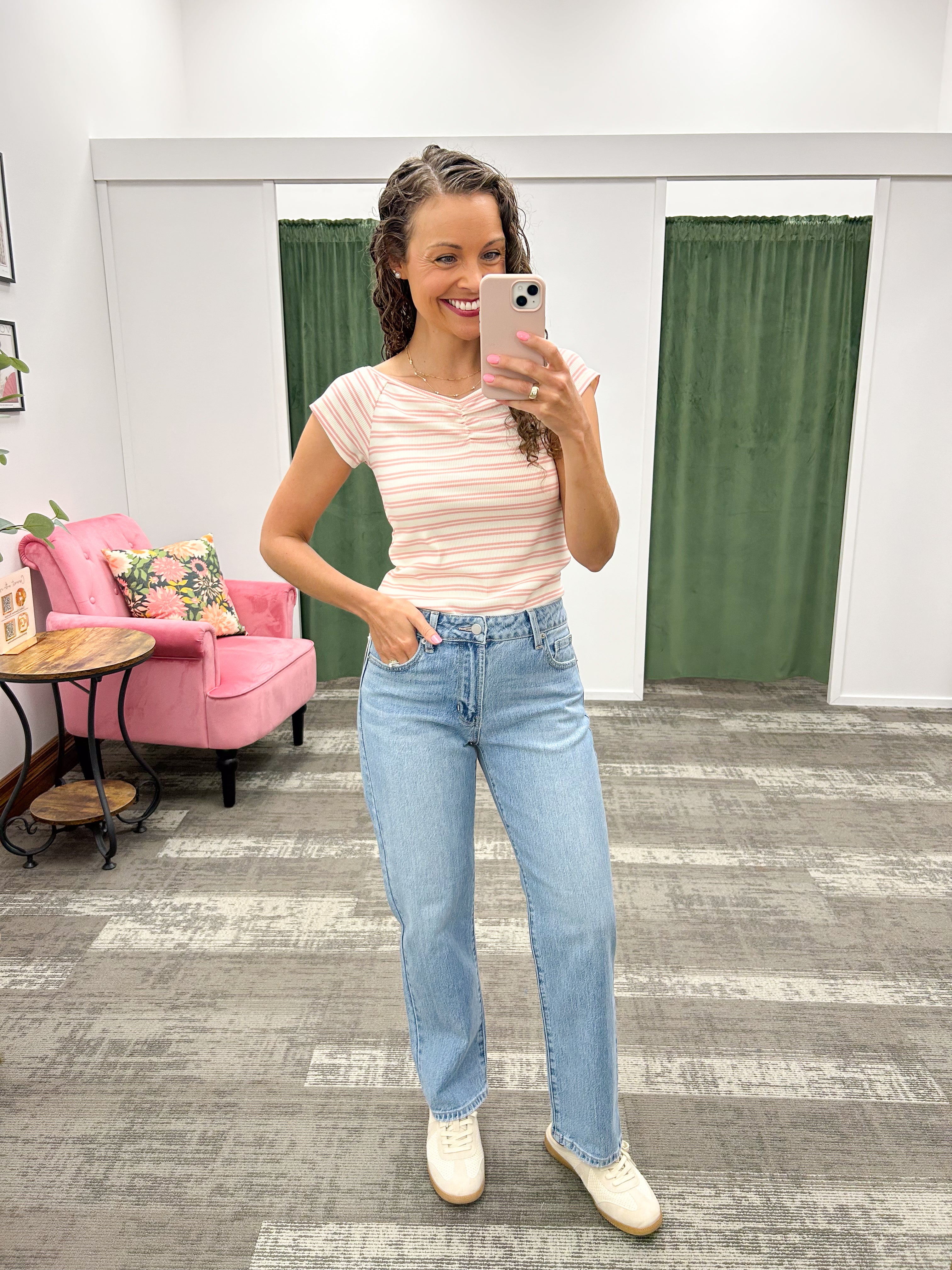 Pink & Cream Striped Ruched Top