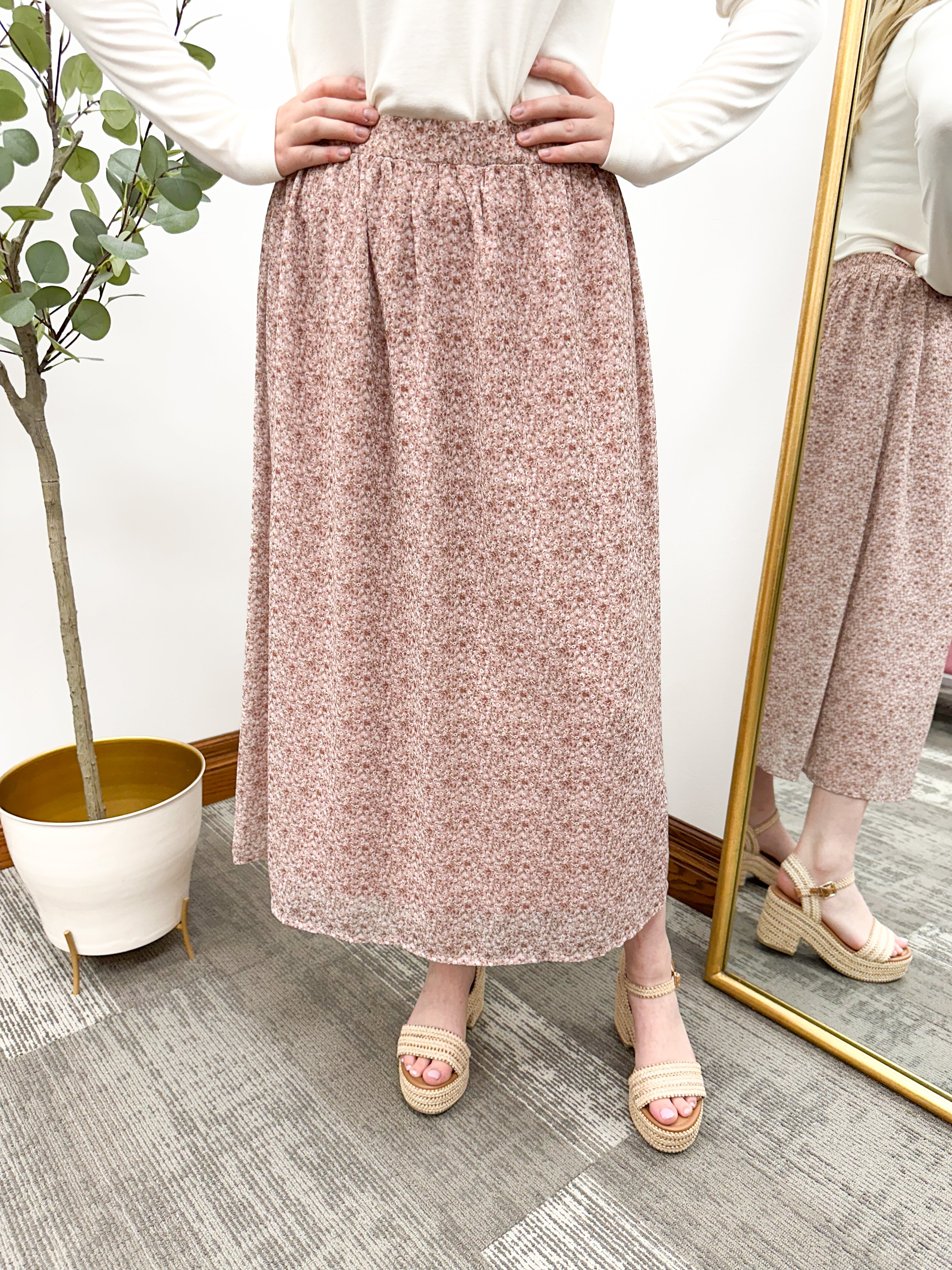 Mauve Ditsy Floral Print Midi Skirt For Fall