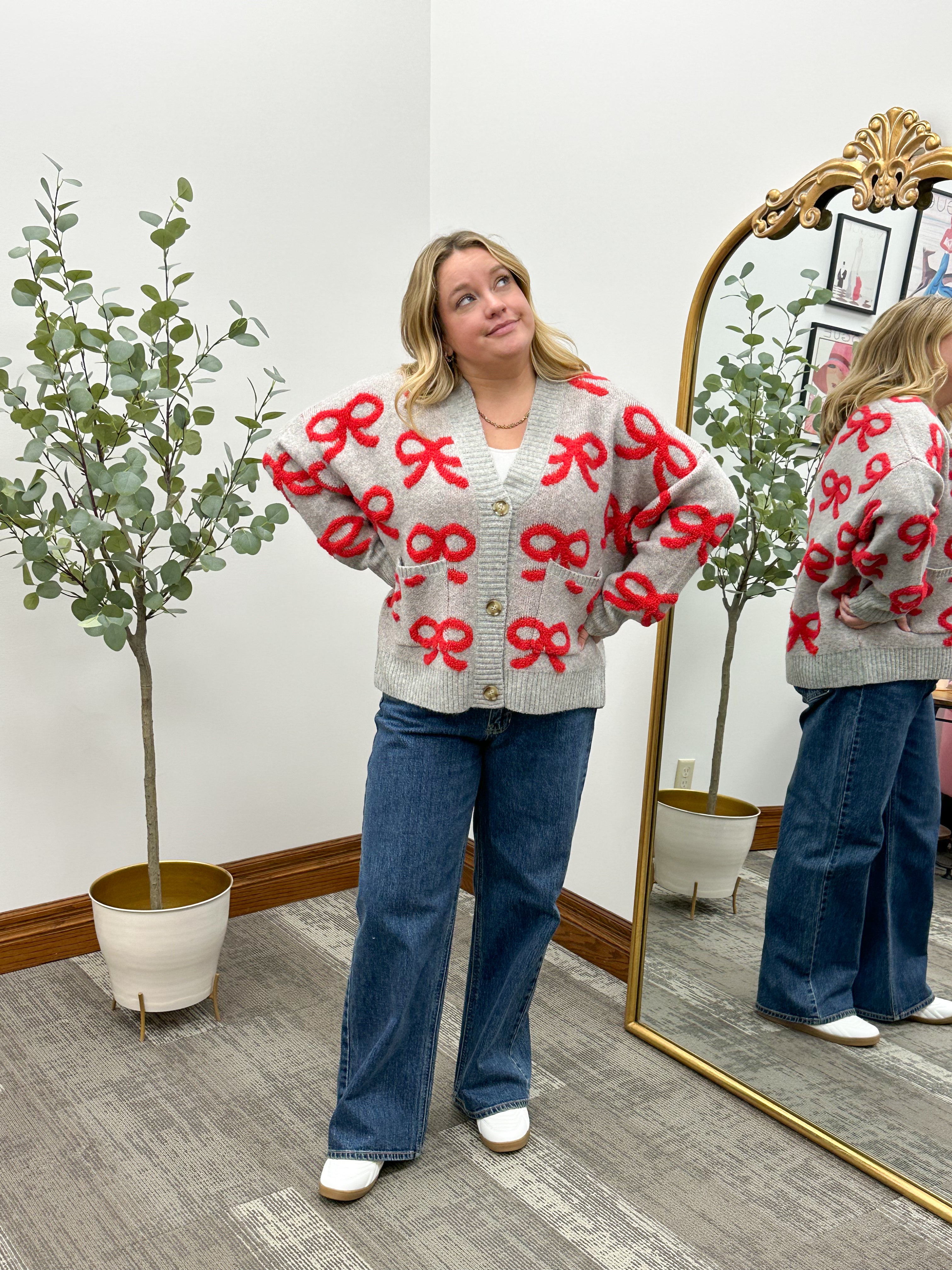 Gray Red Bow Cardigan