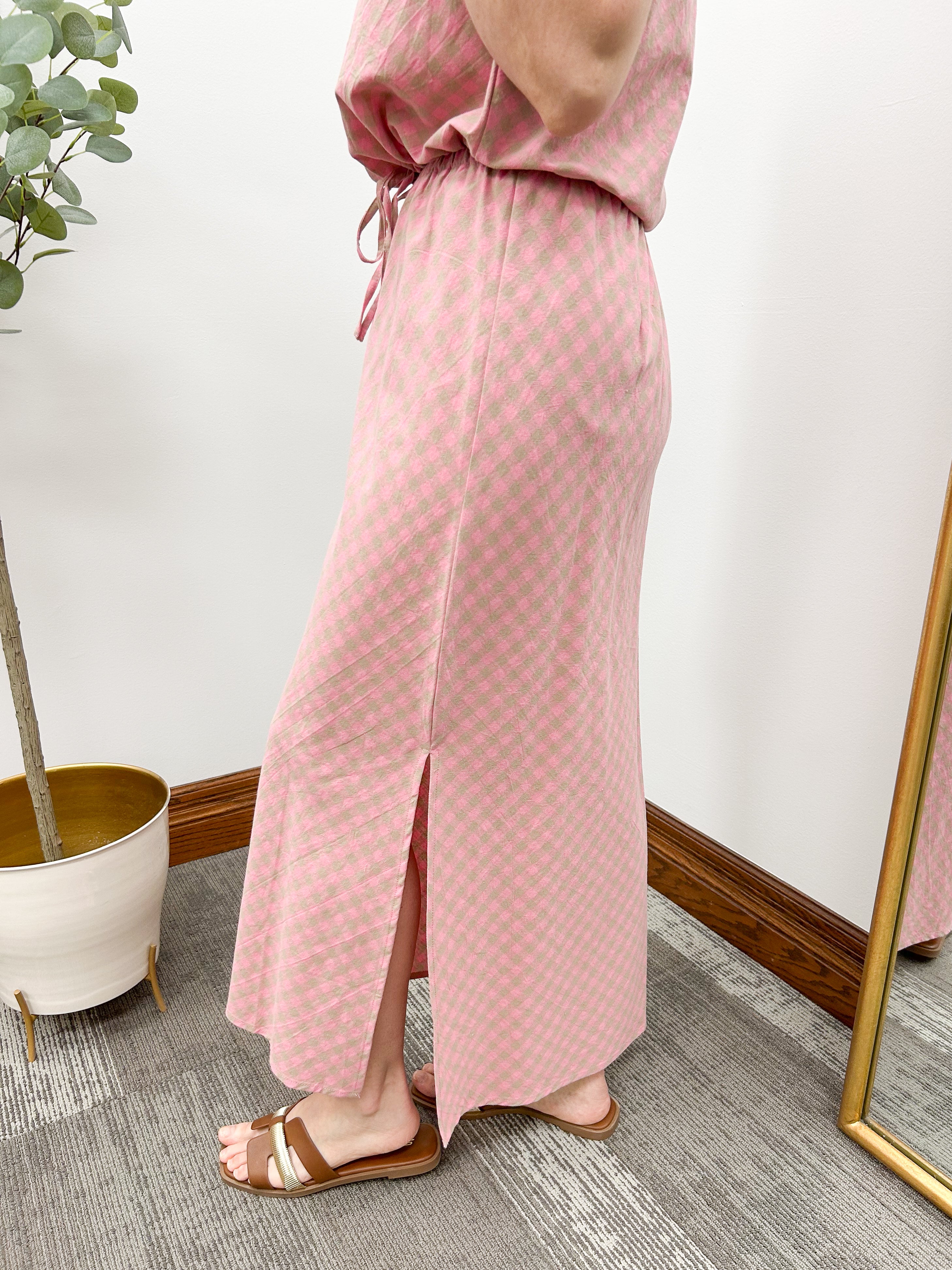 Pink & Mocha Gingham Tank & Skirt Set