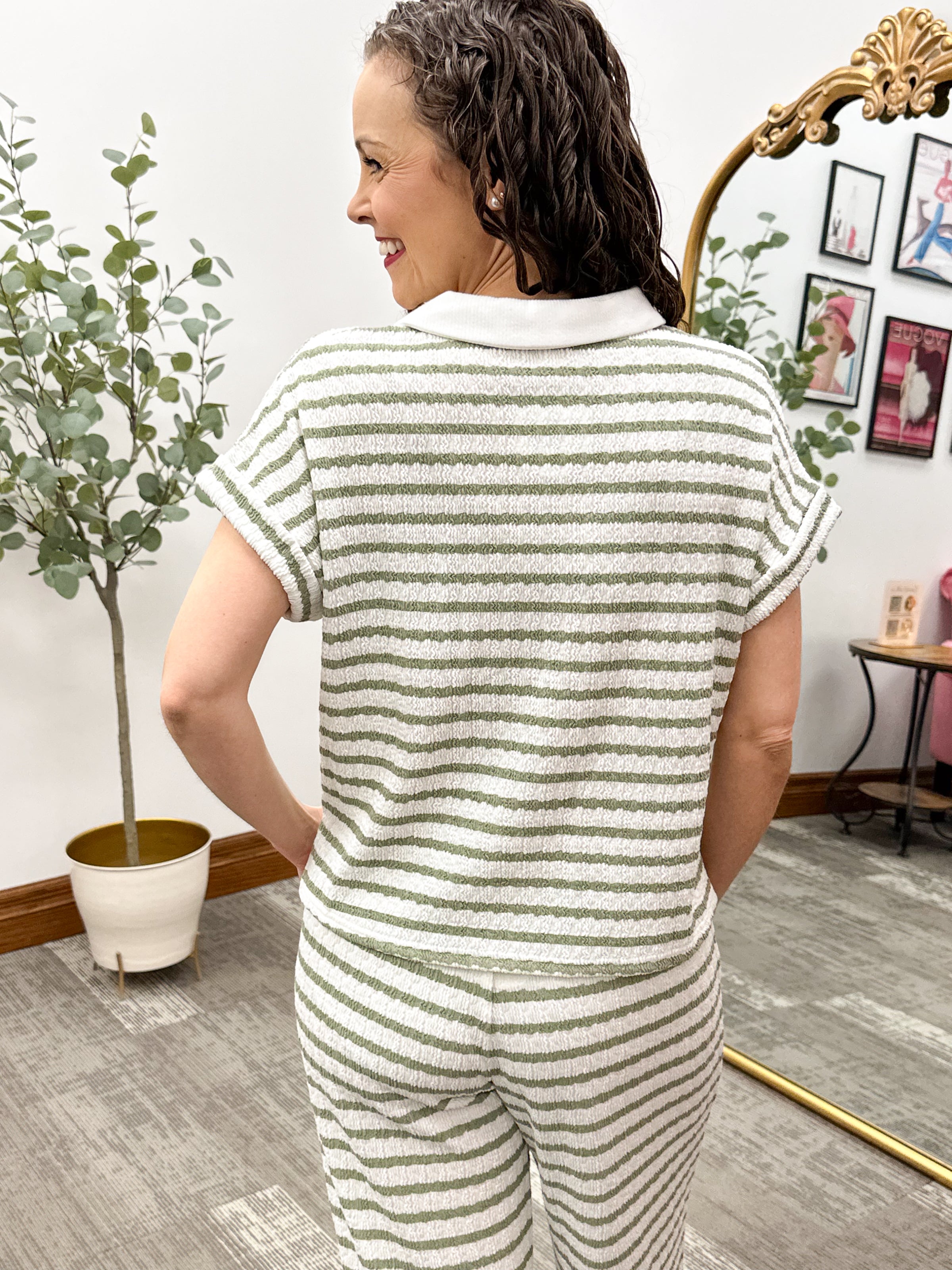 Olive Textured Striped Short Sleeve Top