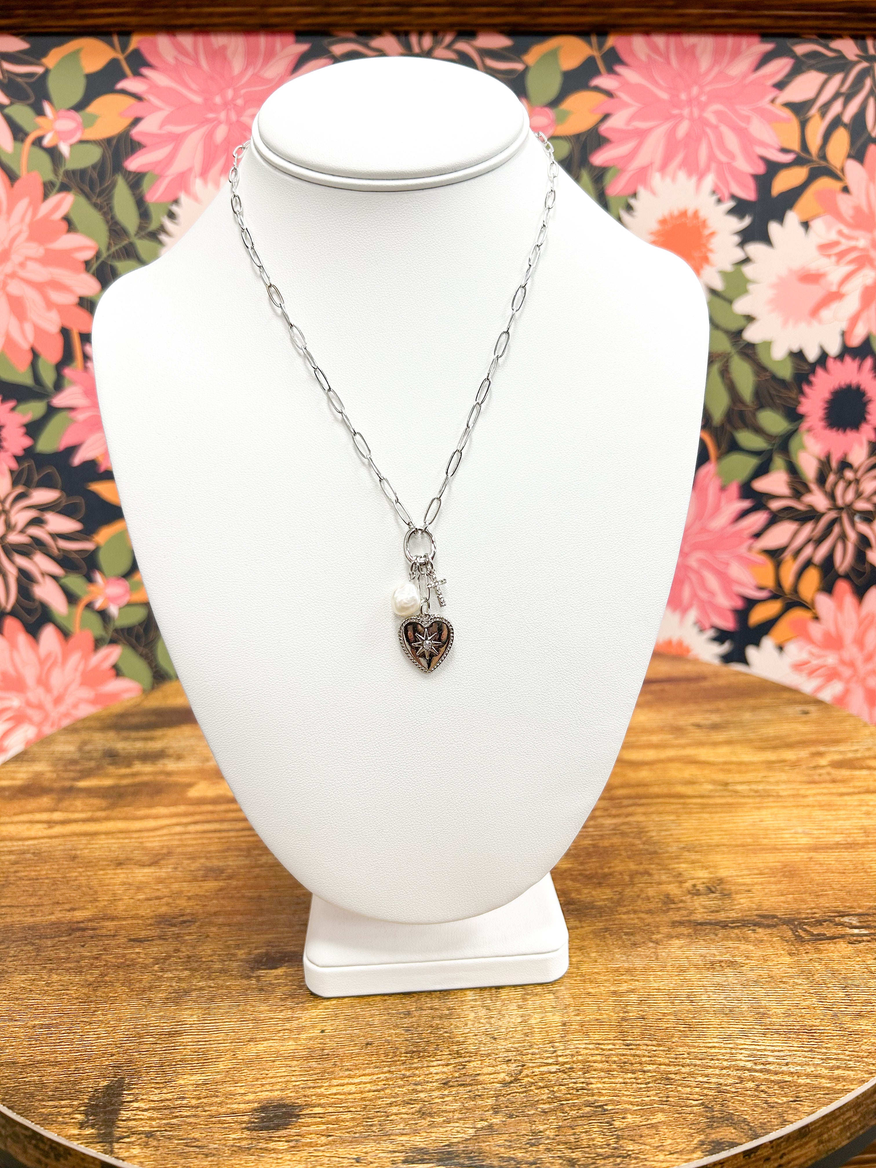 Silver Heart & Cross Charm Necklace
