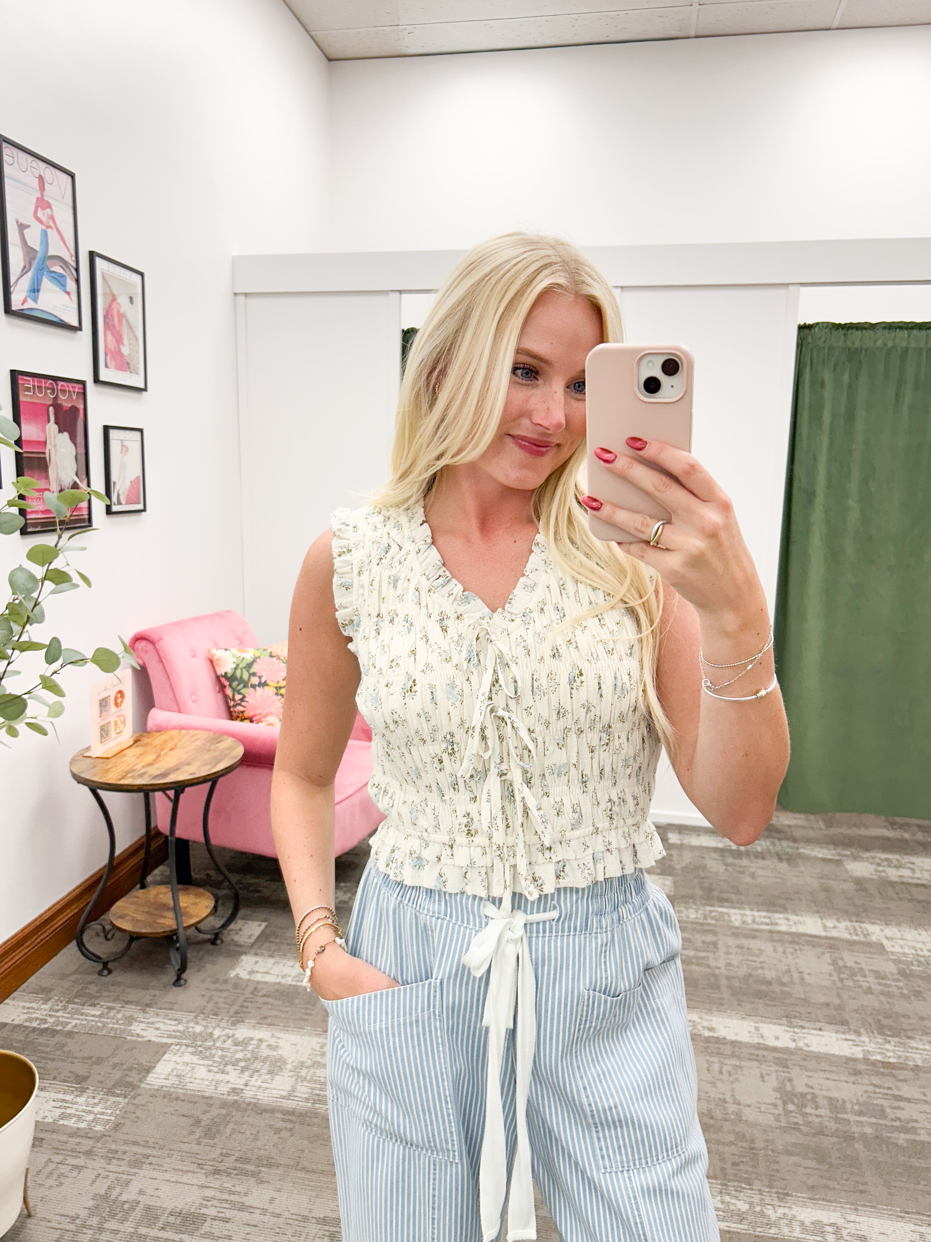 Blue Floral Smocked Tie Front Top