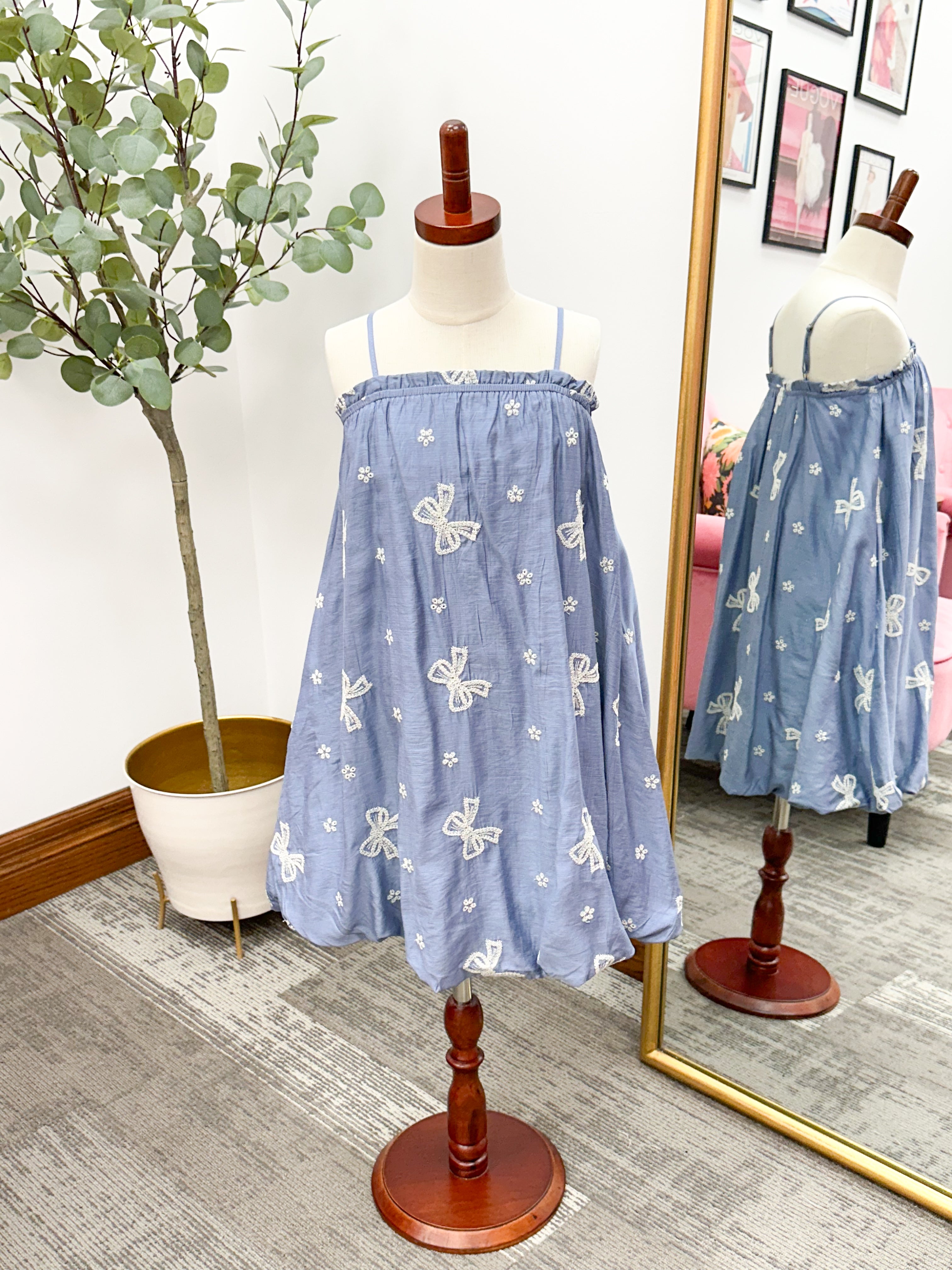 Girls Blue Bow Embroidered Dress