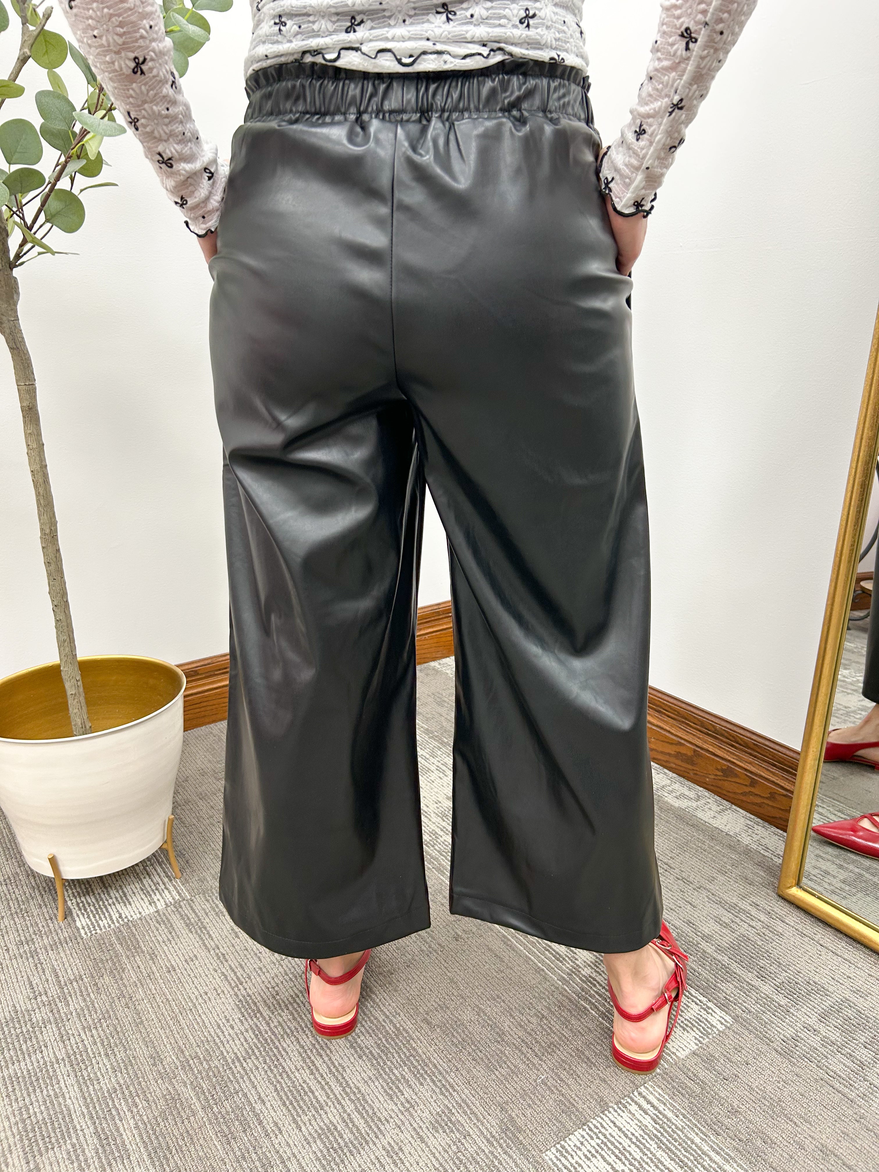 Black Wide Leg Faux Leather Culotte Pants
