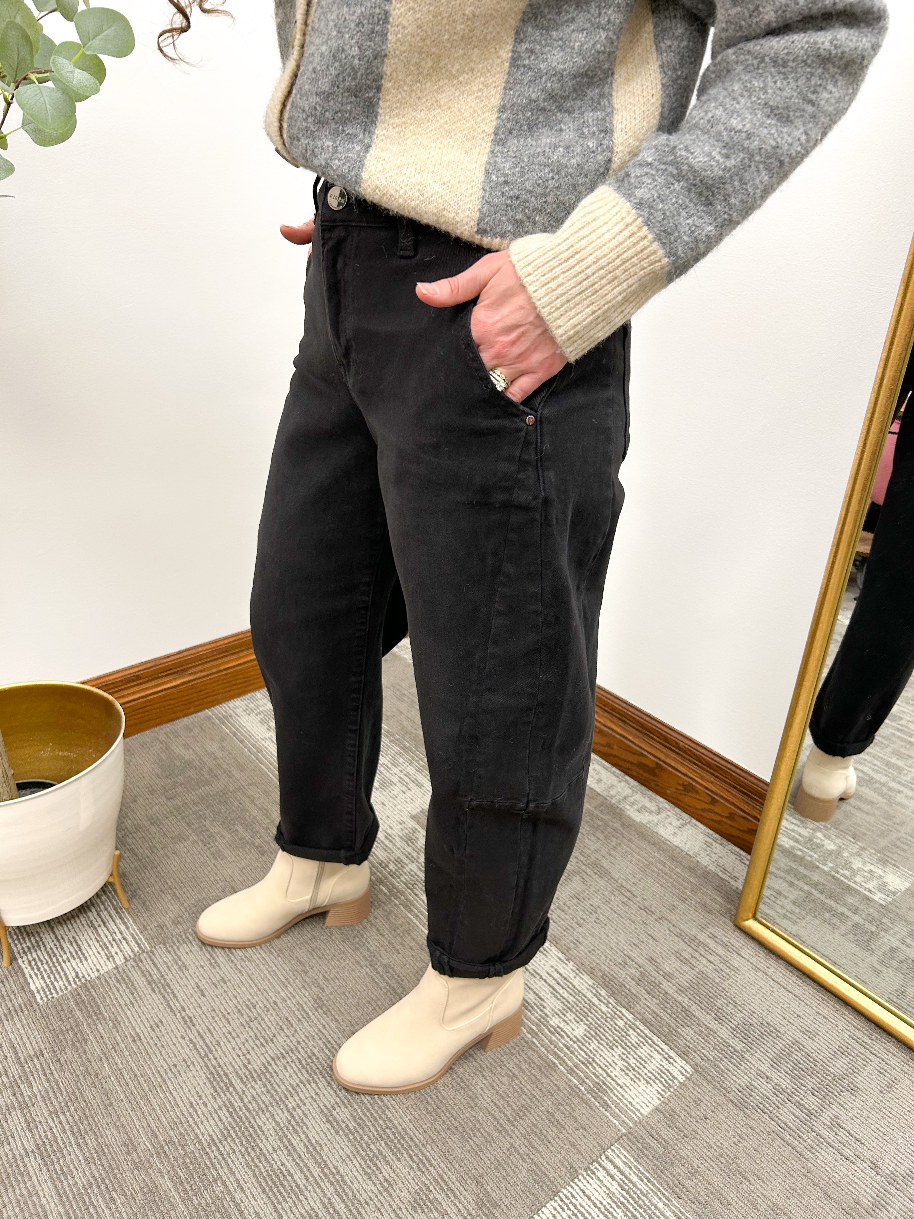 High Rise Cuffed Black Barrel Jeans