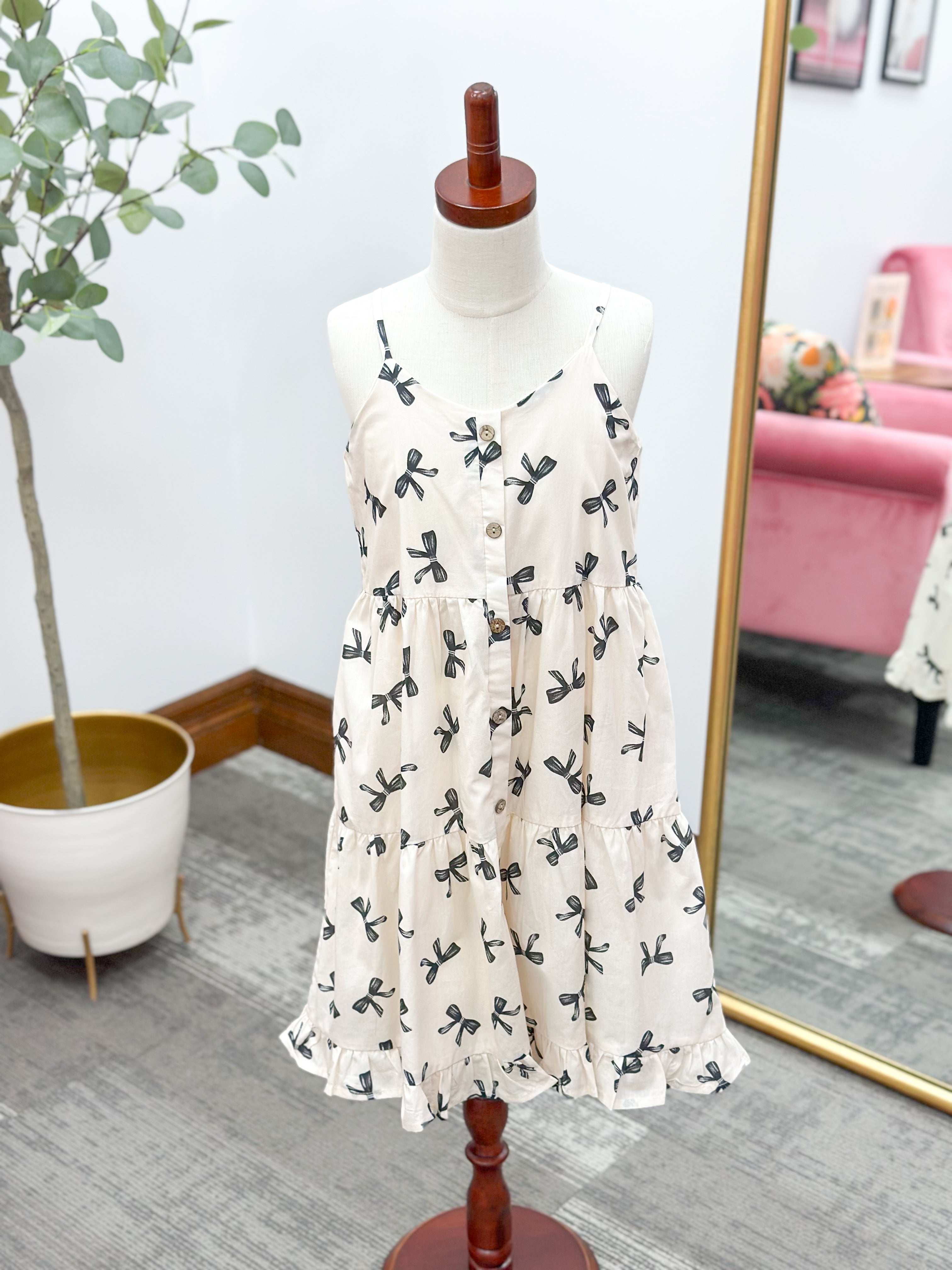 Girls Bow Print Tiered Ruffle Dress