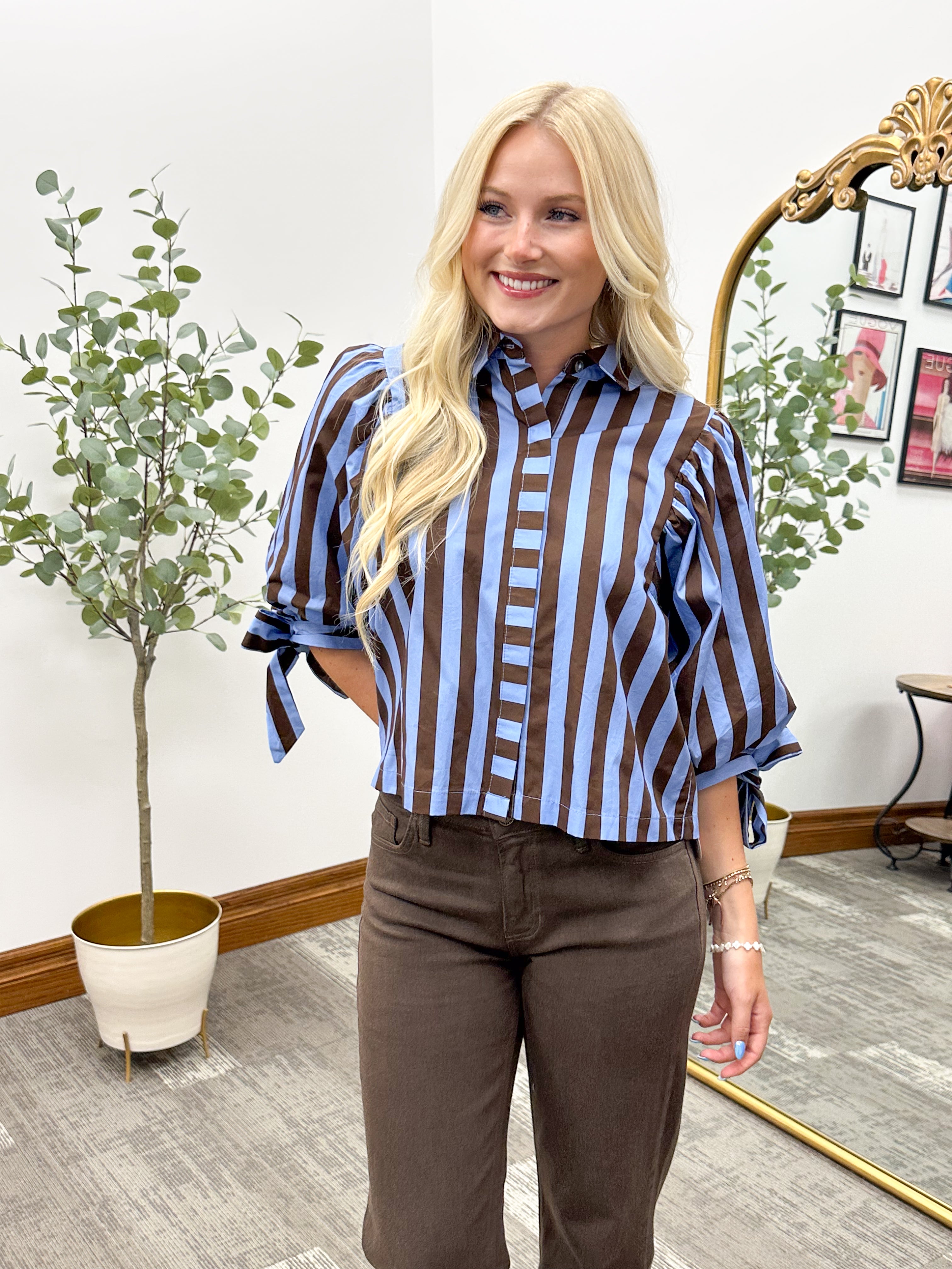 Tie Sleeve blue & brown Striped Button Up Blouse, Entro blouse 