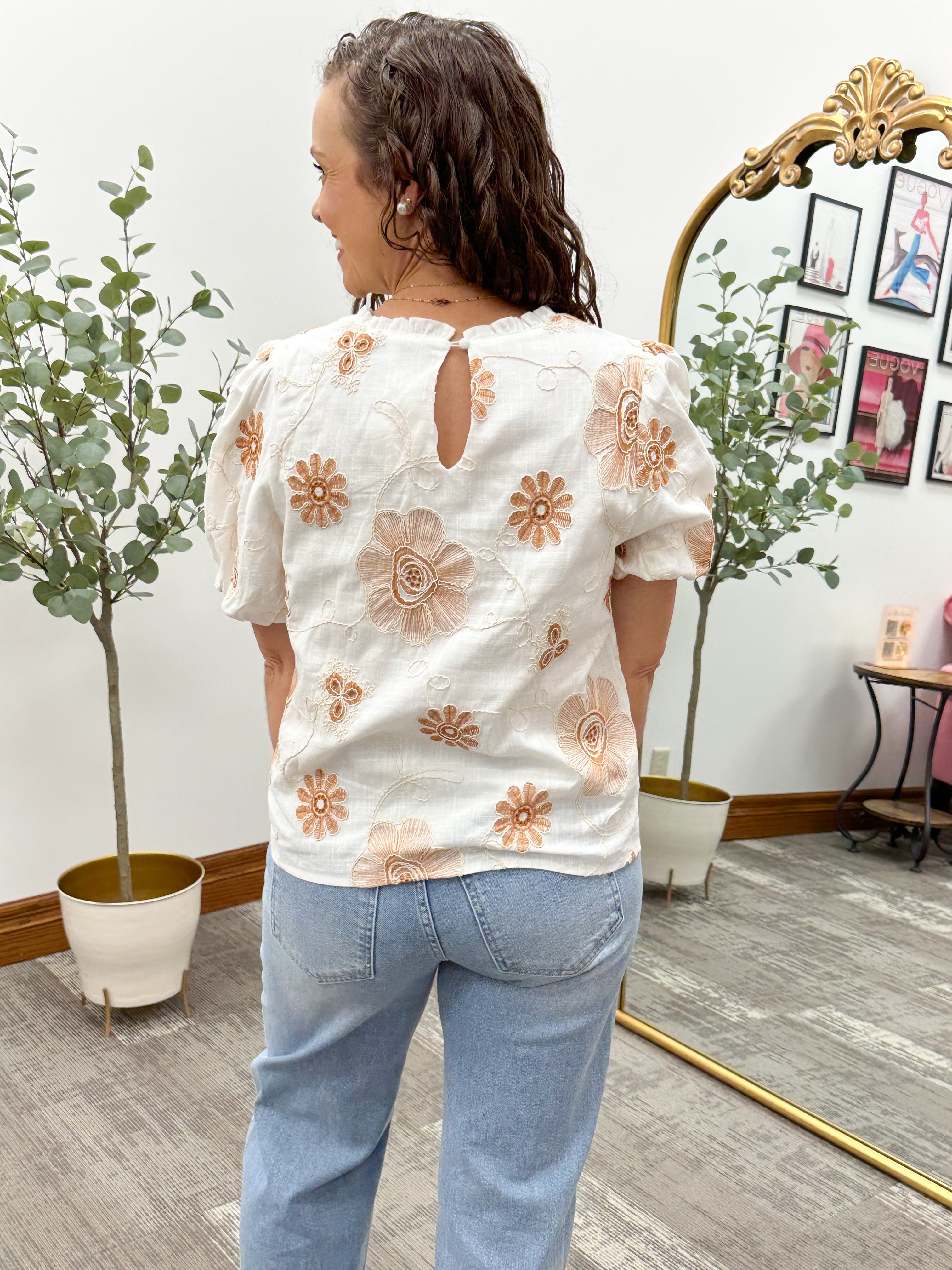 White & Tan Floral Embroidered Top