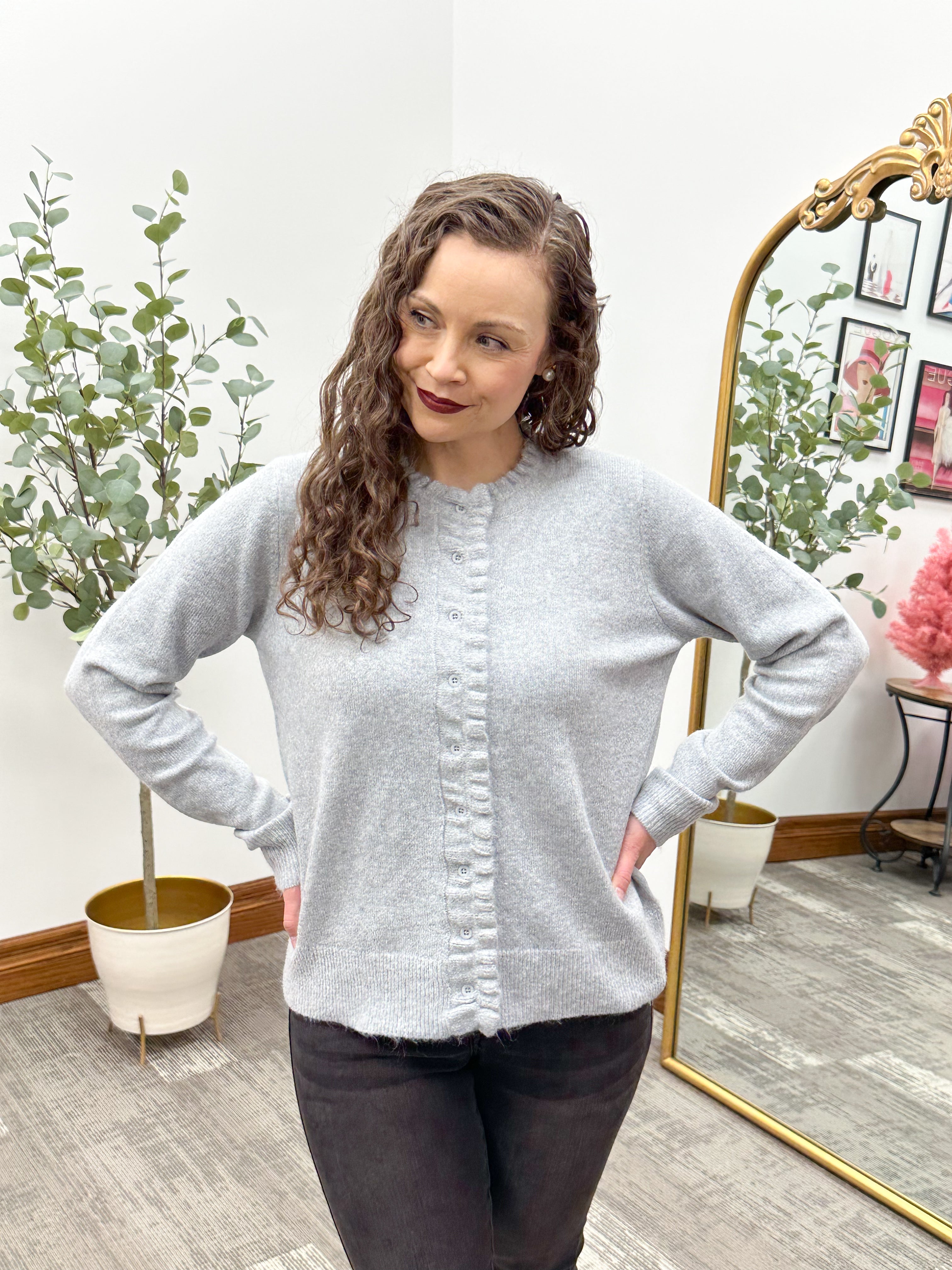 Gray Ruffle Cardigan, Ruffle Button Up Cardigan