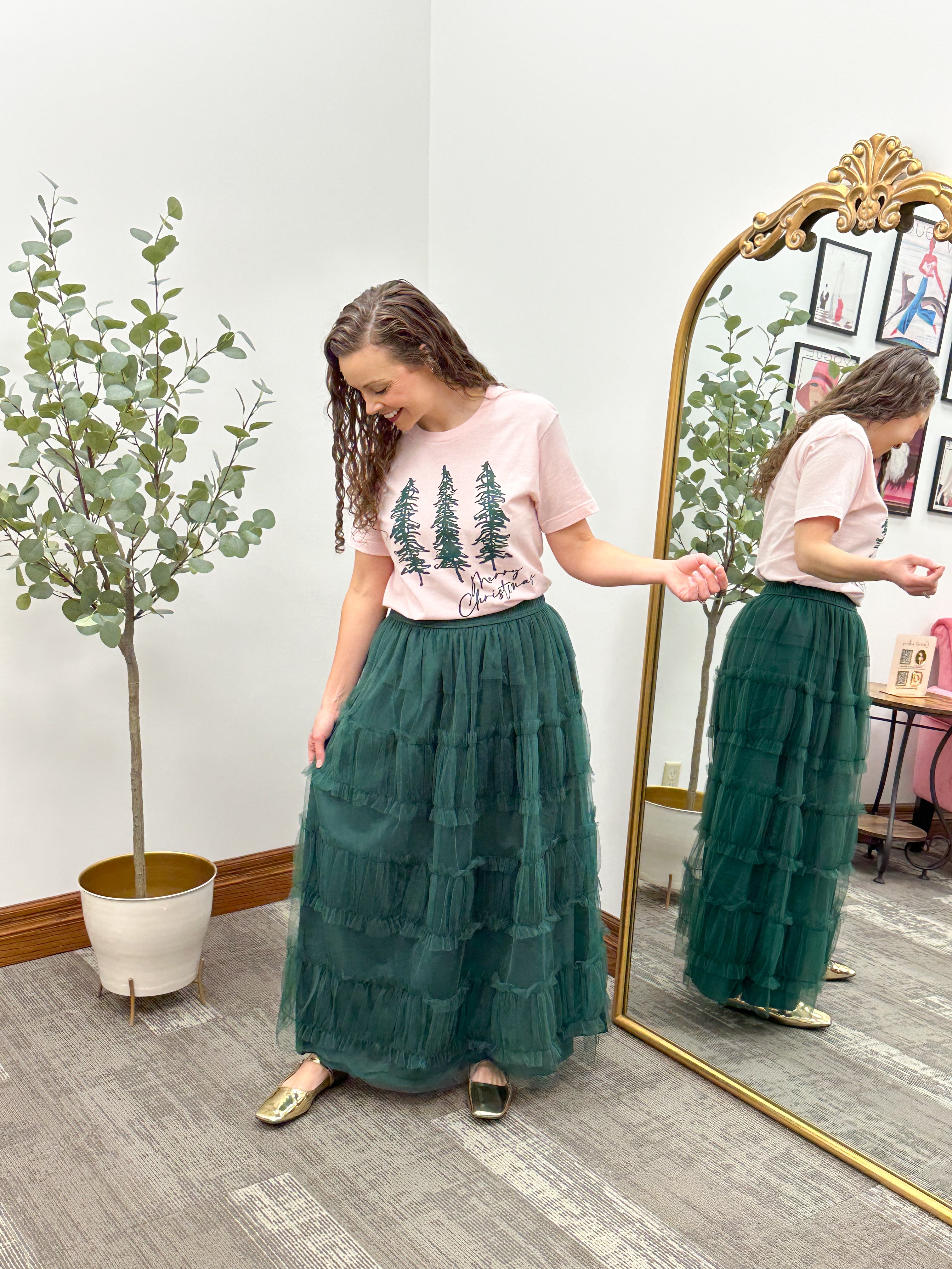 Green Tiered Mesh A-Line Maxi Skirt