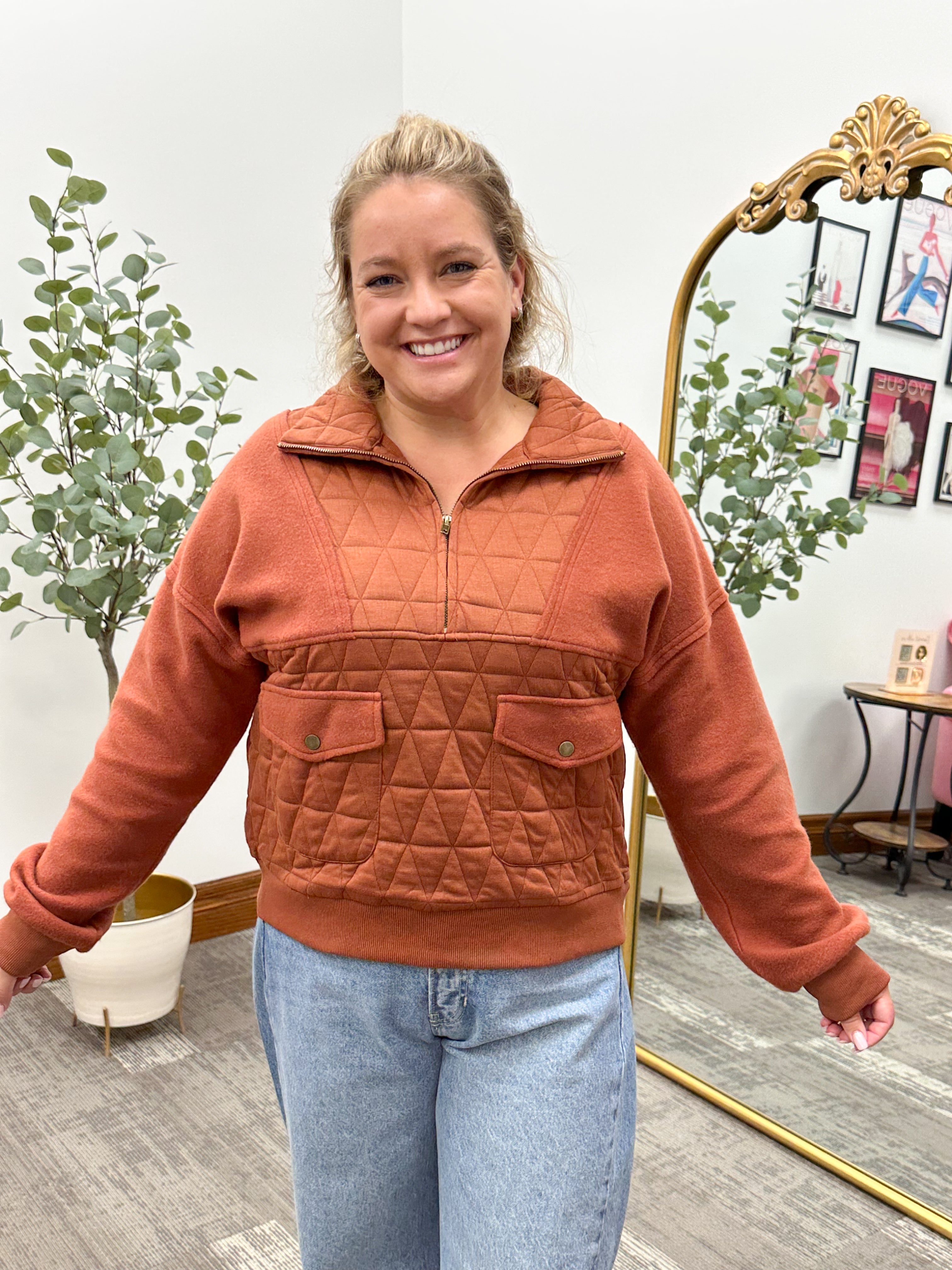 Rust Quilted Front Pocket Pullover