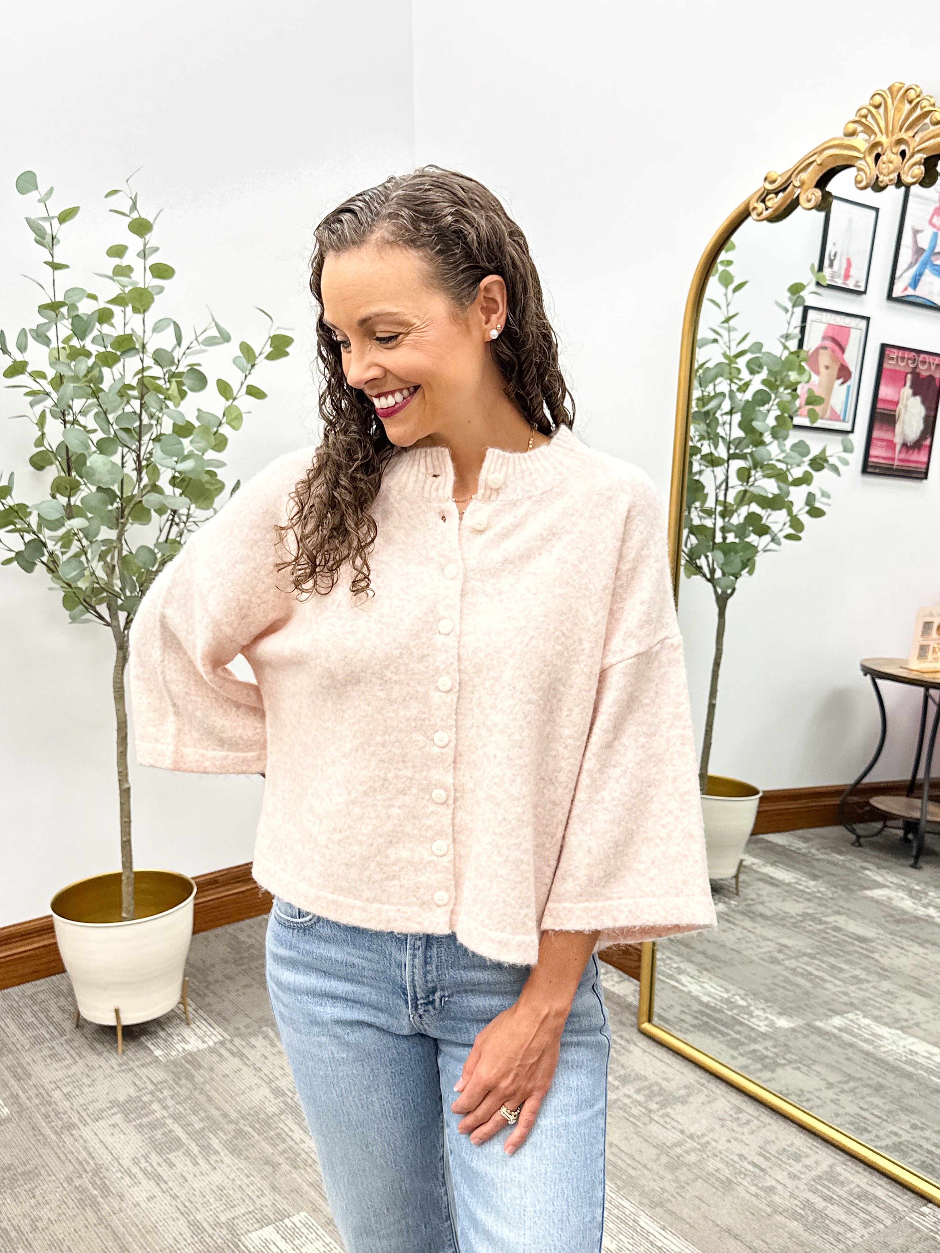 Light pink cardigan, 3/4 sleeve sweater, light pink sweater