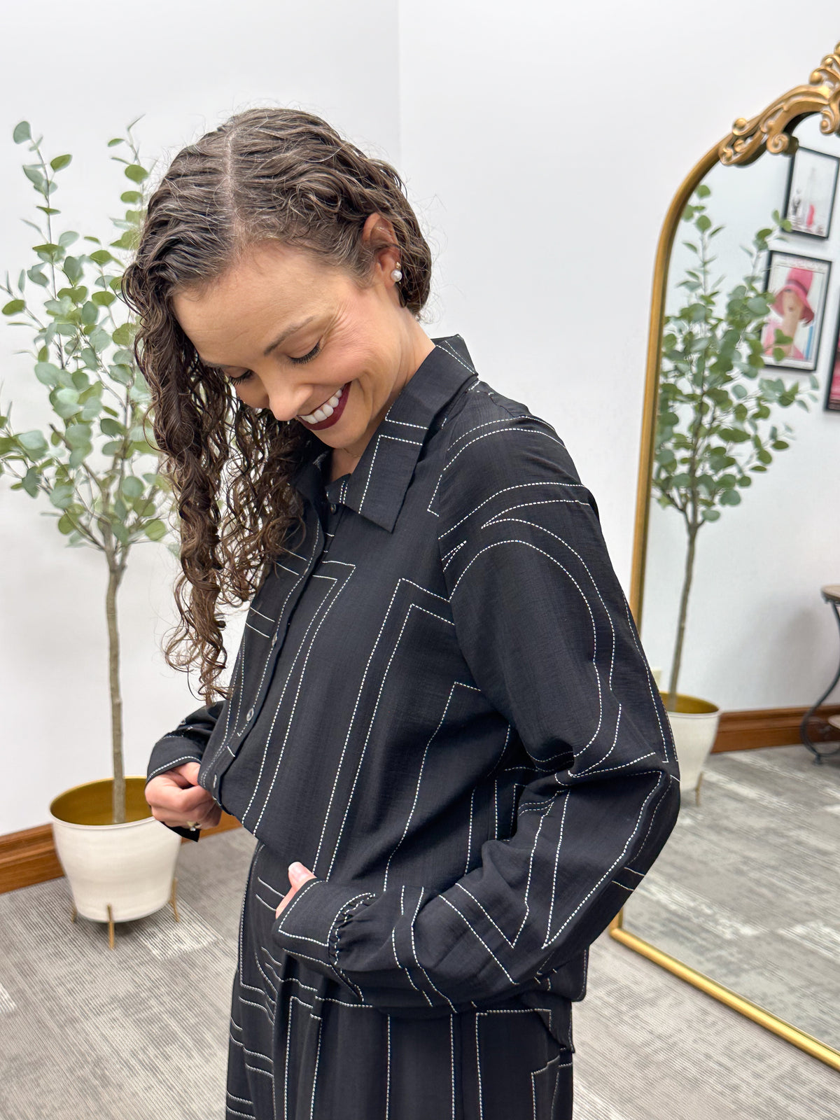 Black Line Stitch Button Up Blouse