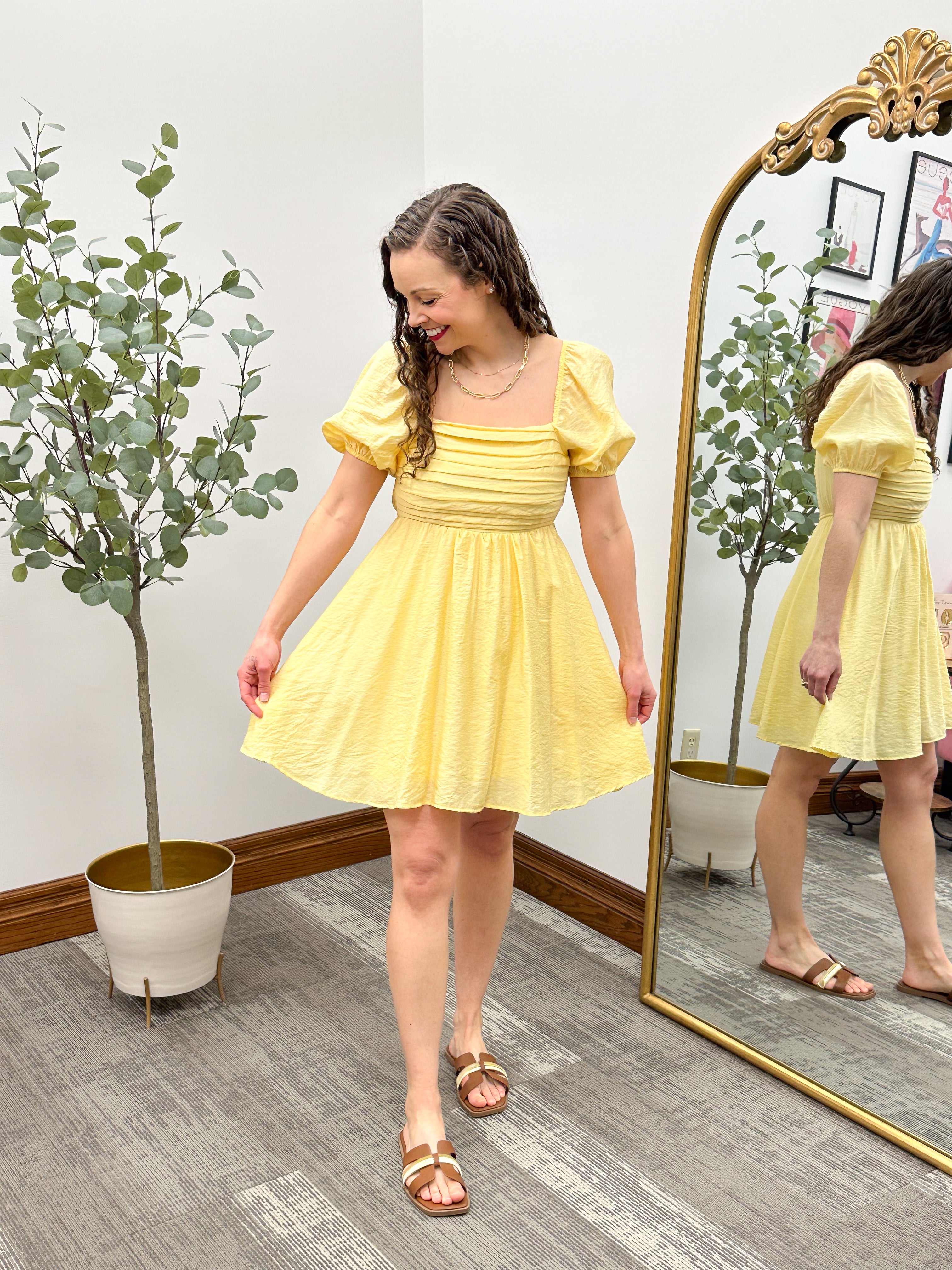 Pleated Puff Sleeve Mini Dress