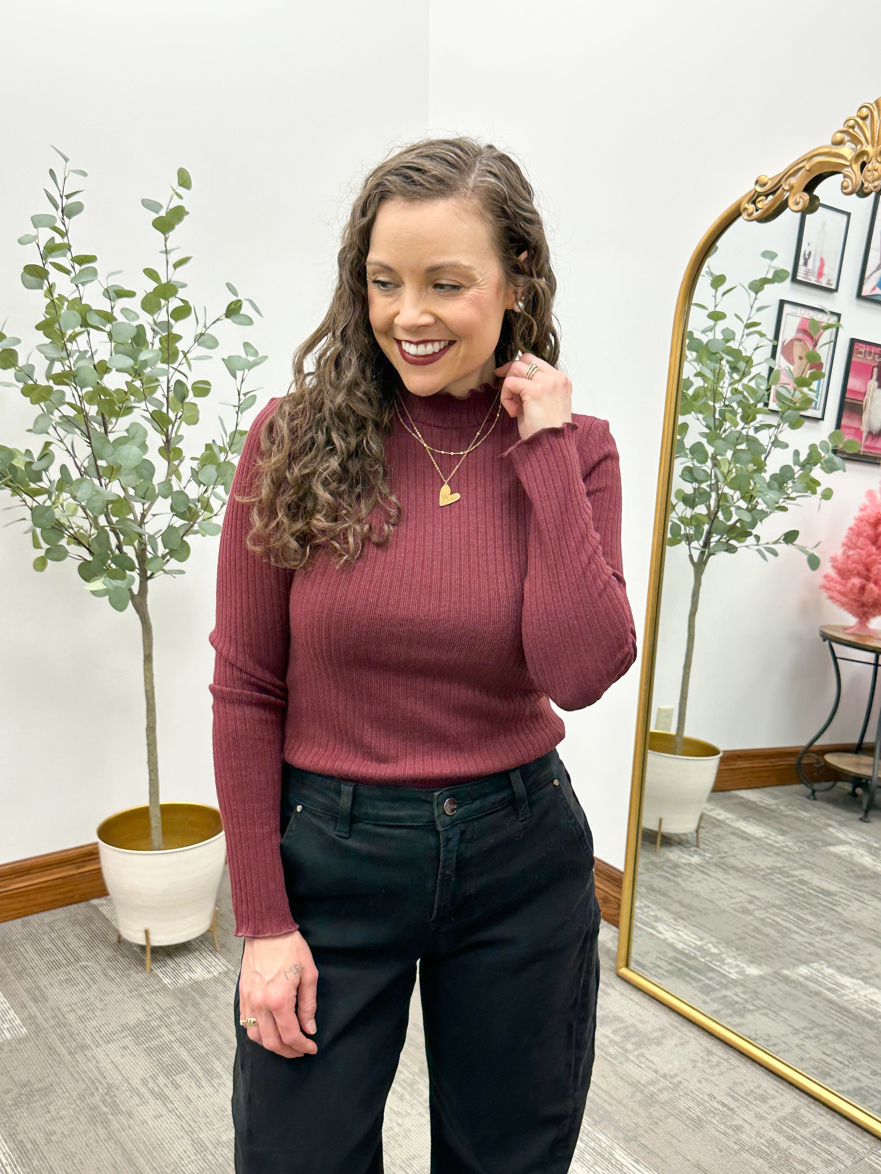 Lettuce Hem Mock Neck Top, Burgundy Long Sleeve Top, Burgundy Turtleneck