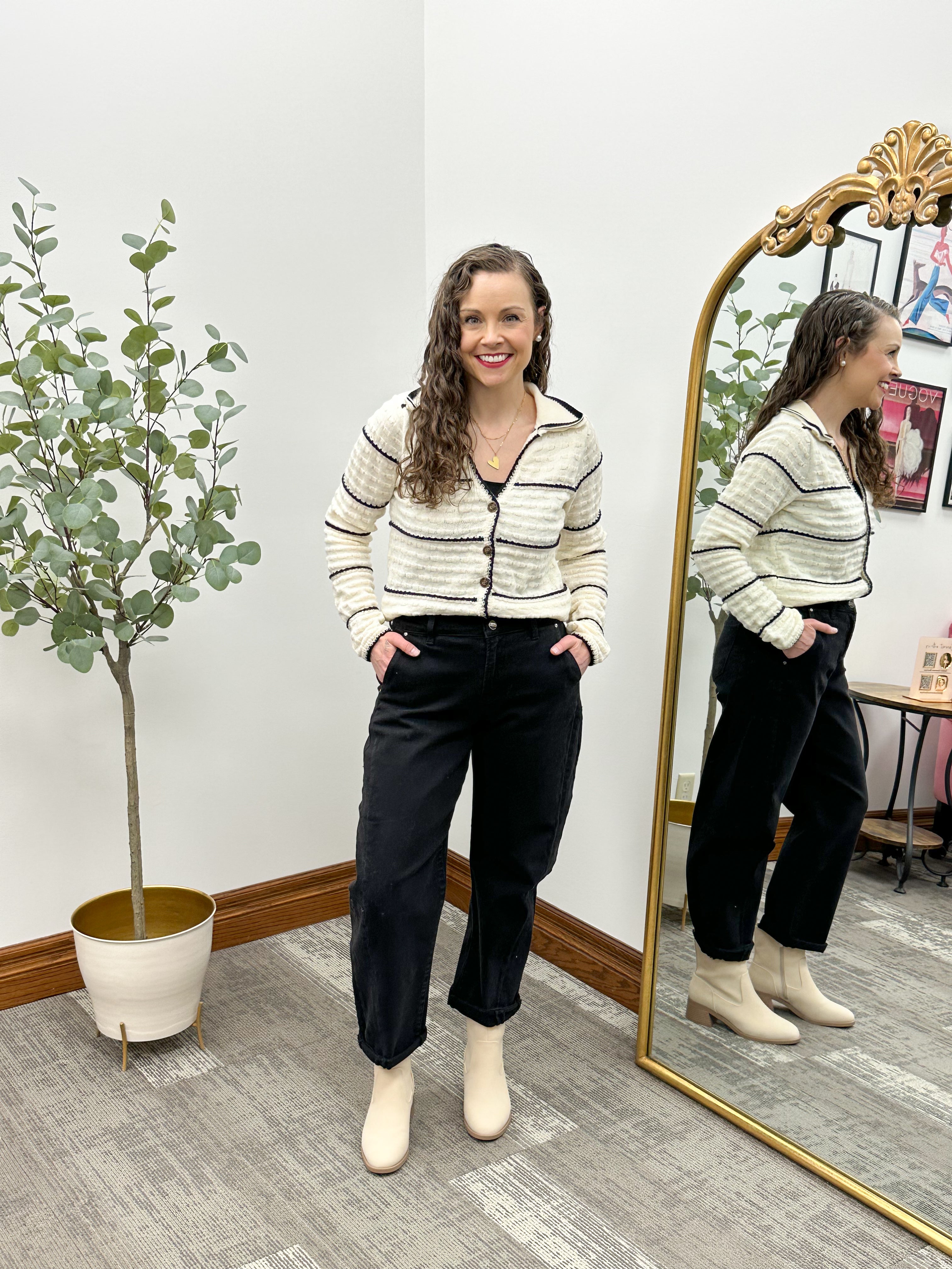 Black Striped Textured Button Cardigan