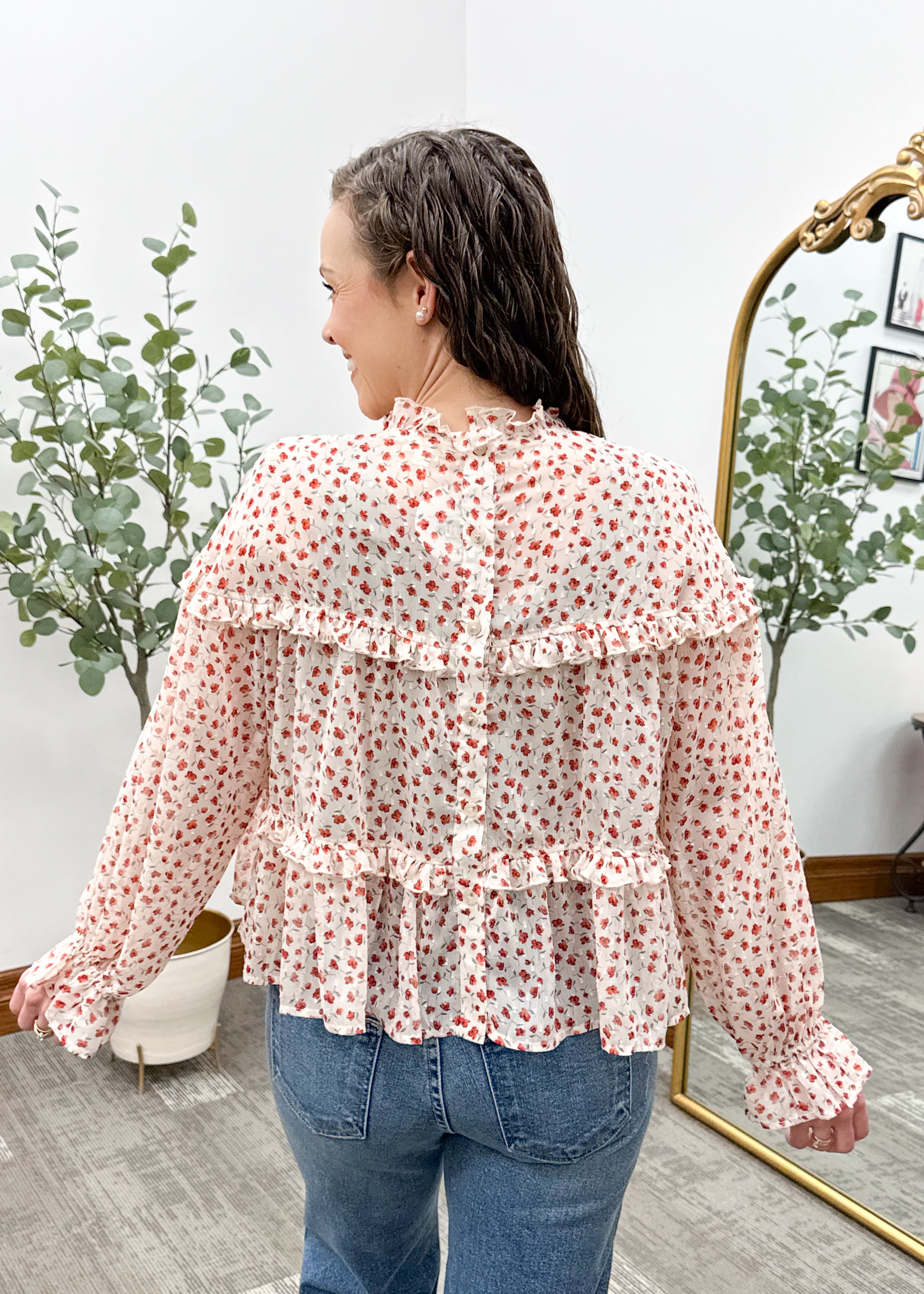 Red Floral Print Chiffon Blouse