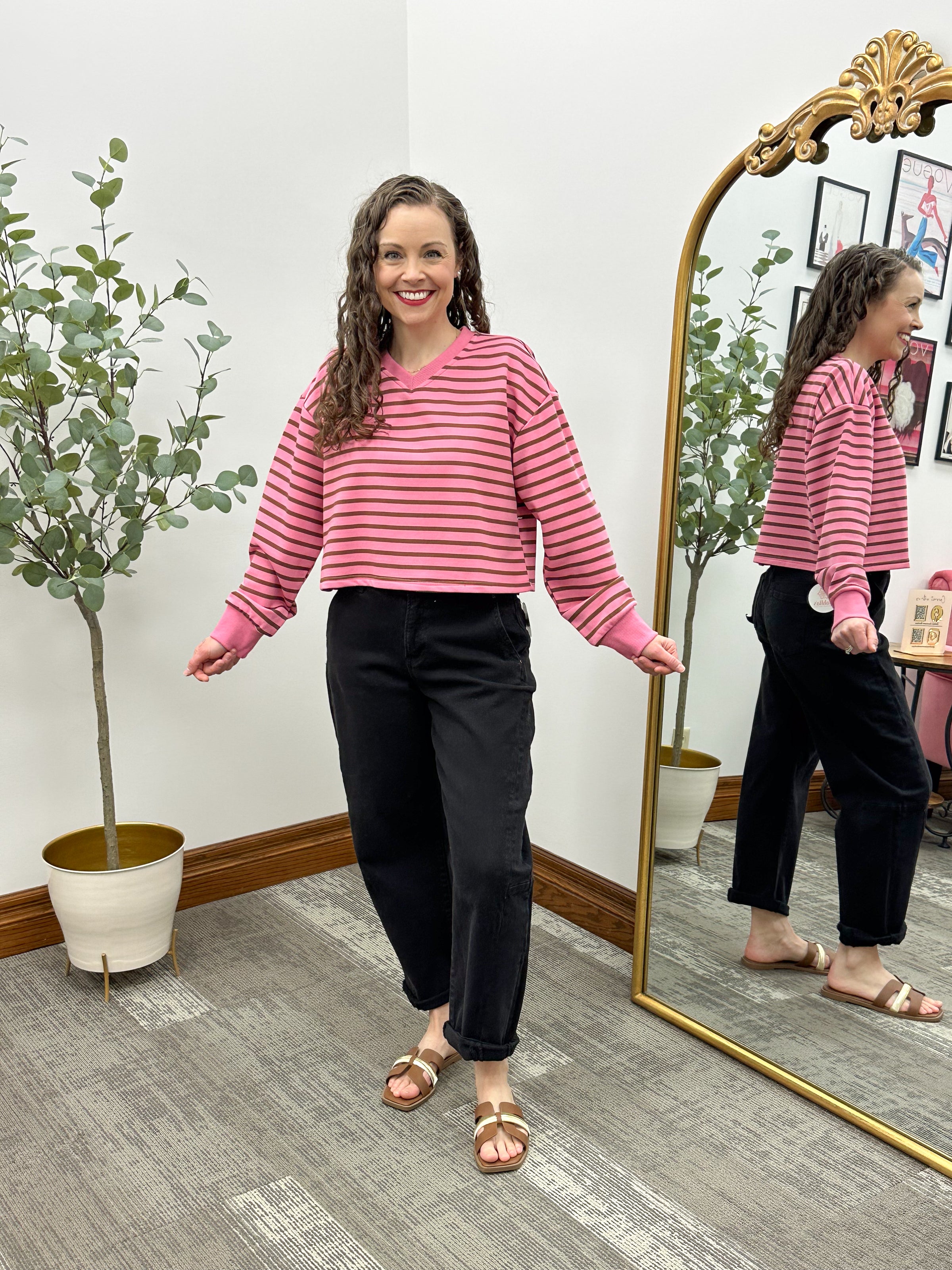 Pink & Brown Striped French Terry Top