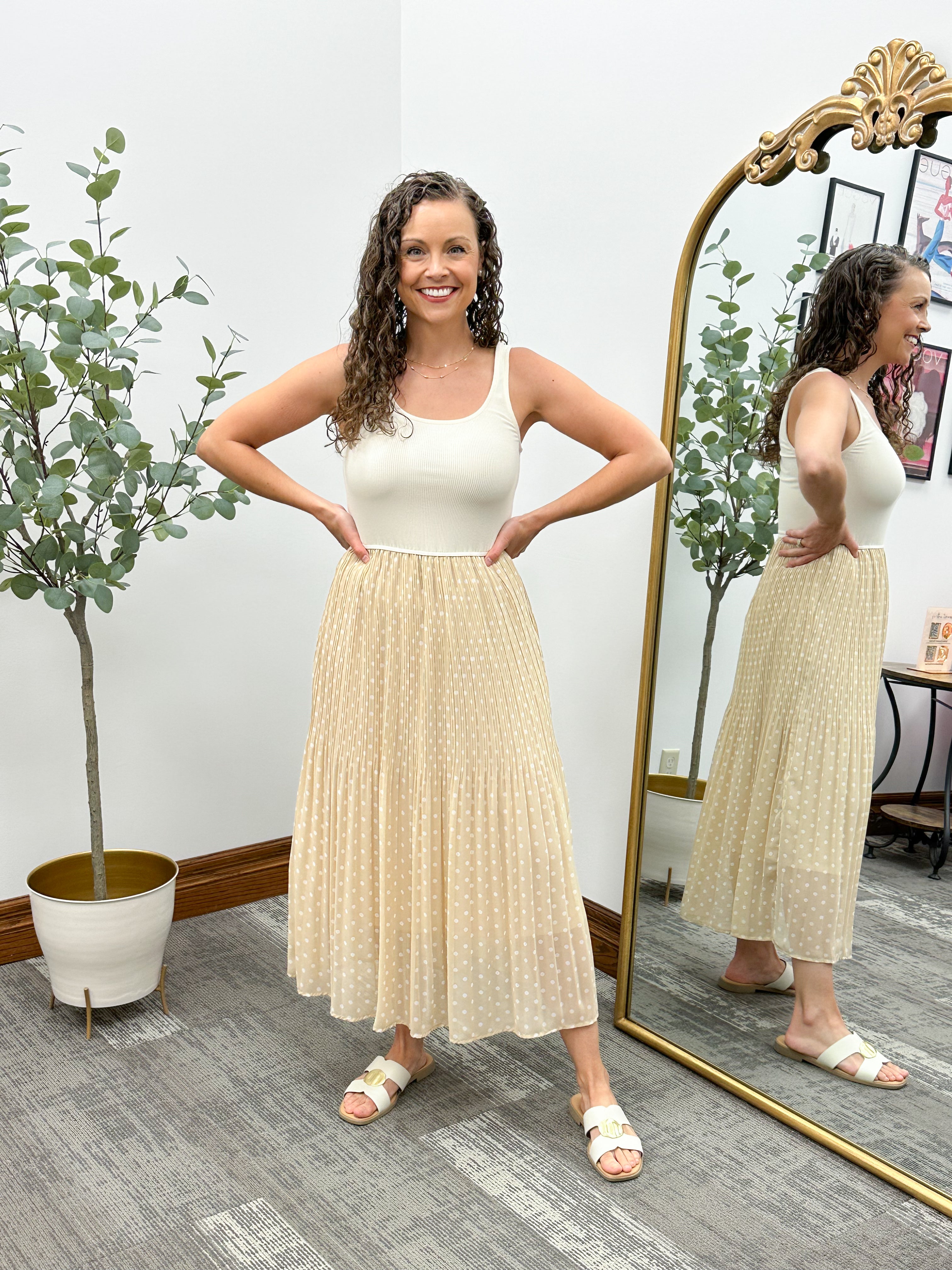Cream & Beige Pleated Polka Dot Skirt Midi Dress