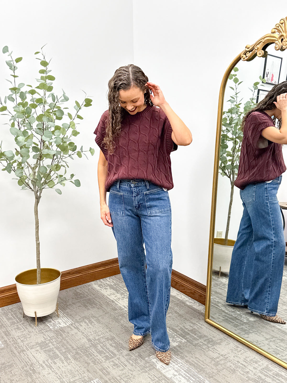 Maroon Cable Knit Short Sleeve Sweater