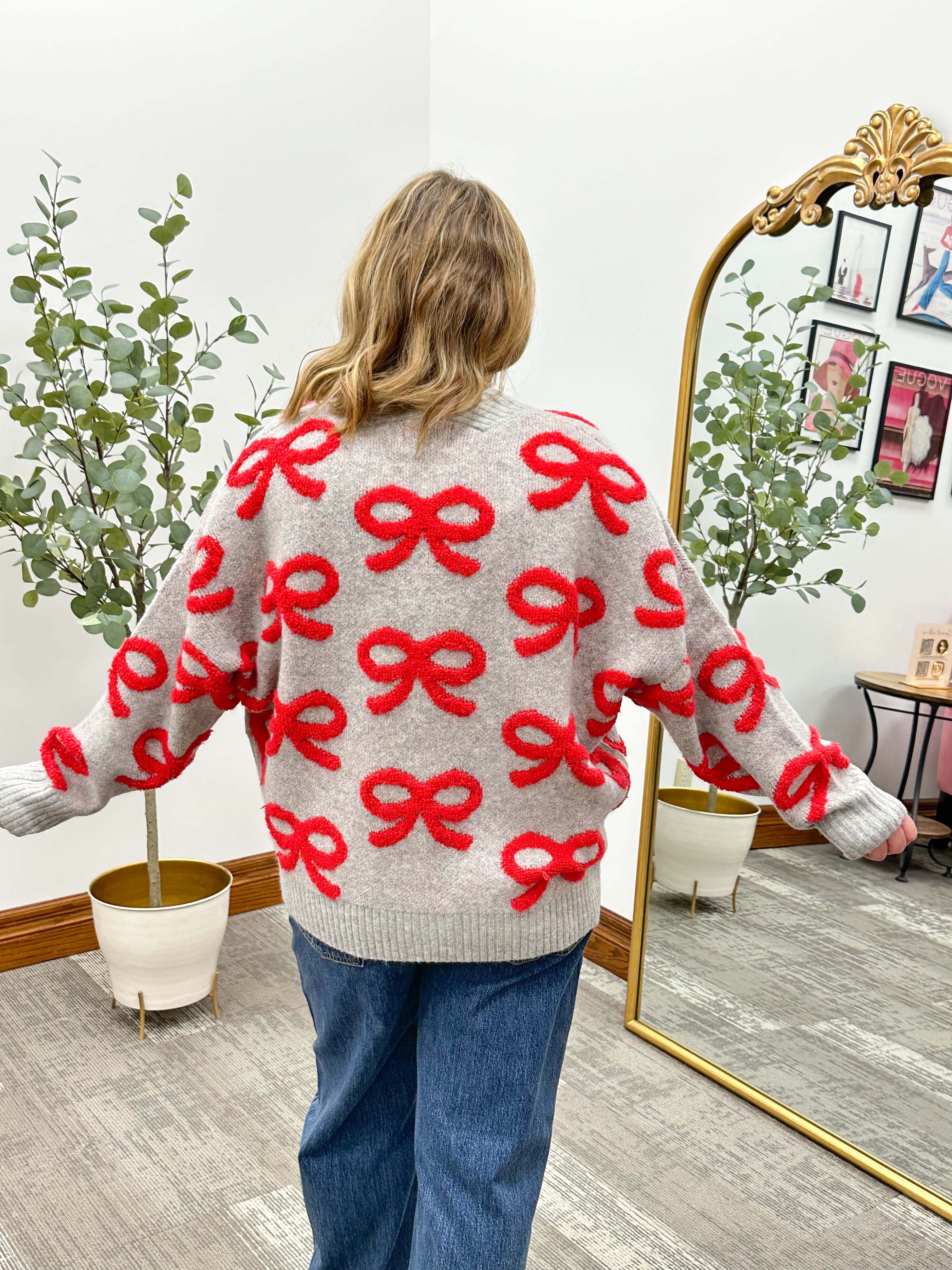 Gray Red Bow Cardigan