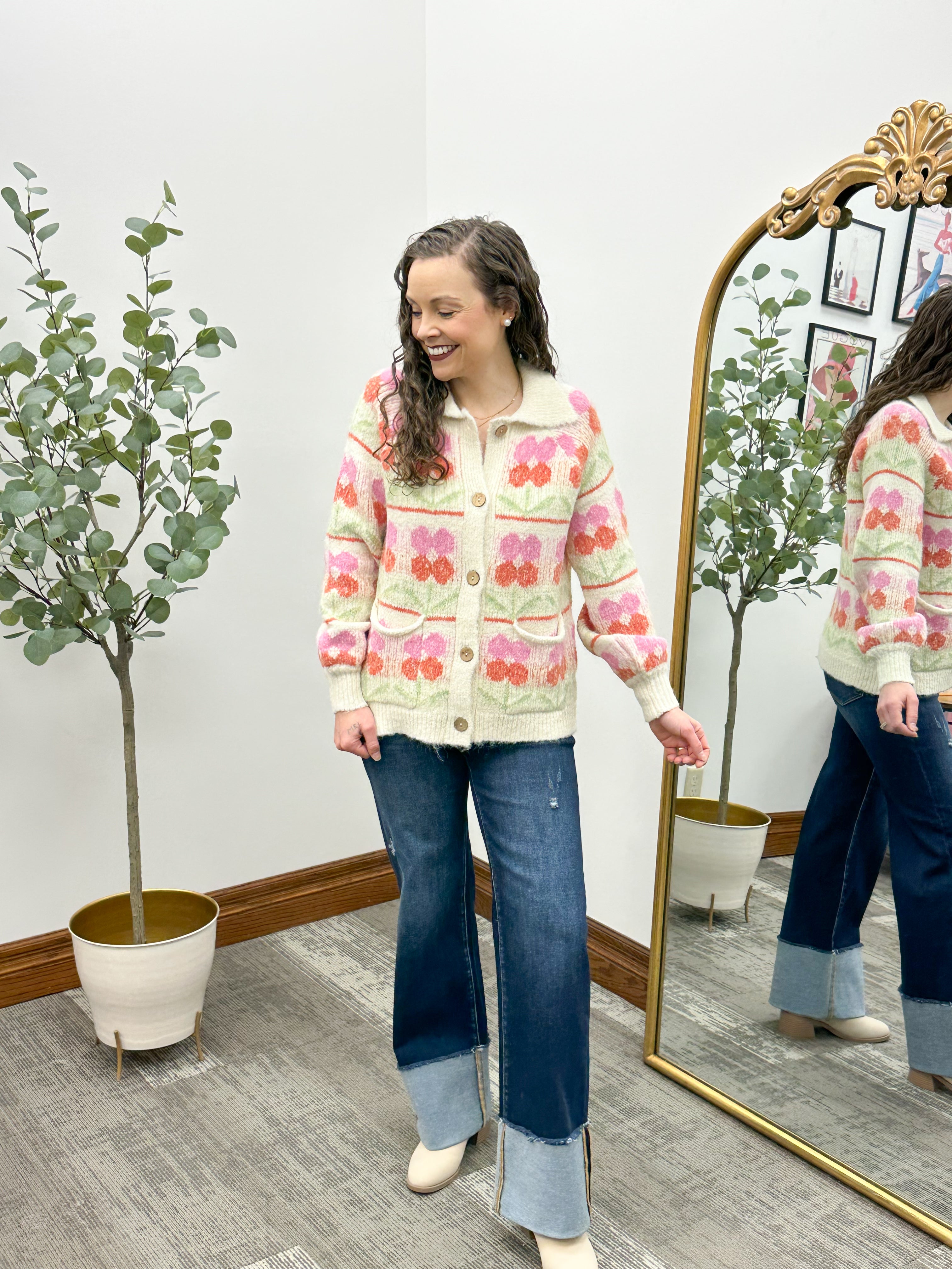 Pink & Red Floral Button Up Cardigan