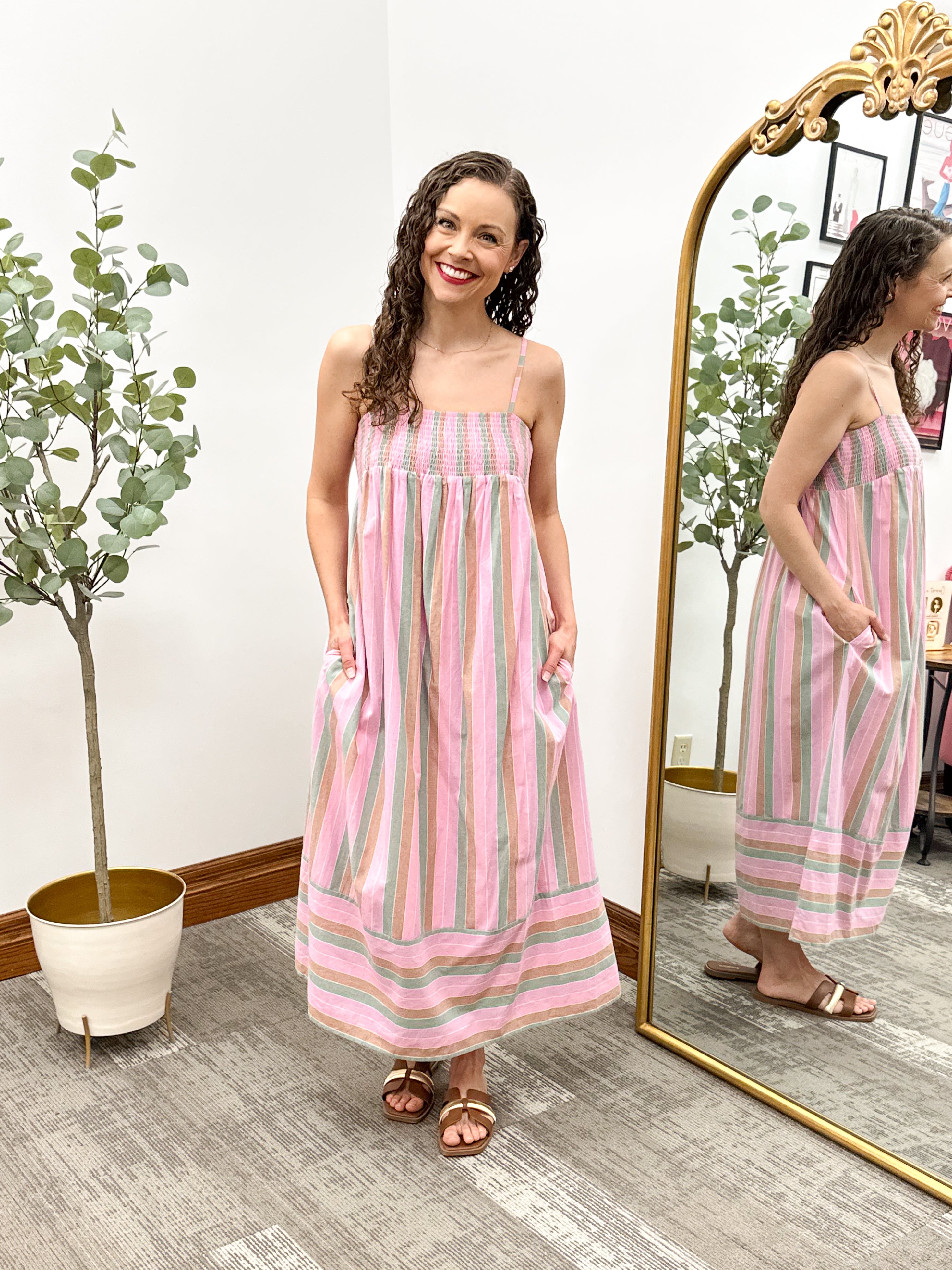Multicolor Stripe Smocked Midi Dress