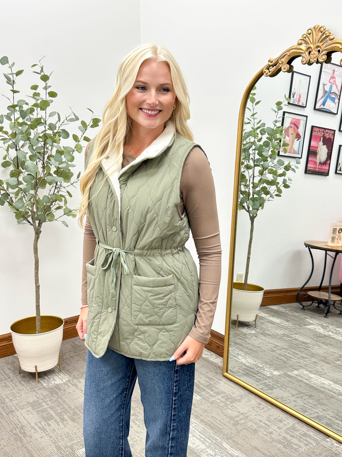 Olive sherpa lined quilted vest