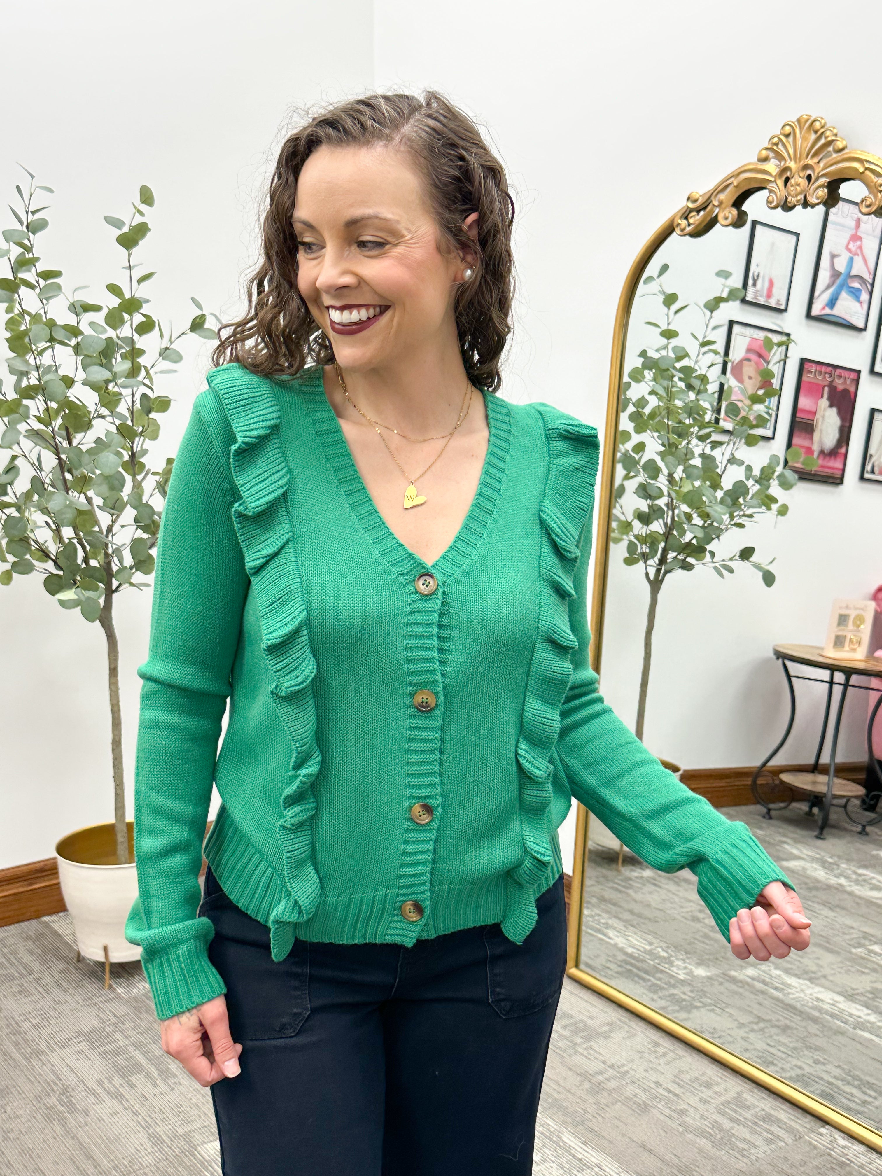 Green Ruffle Front Cardigan Sweater
