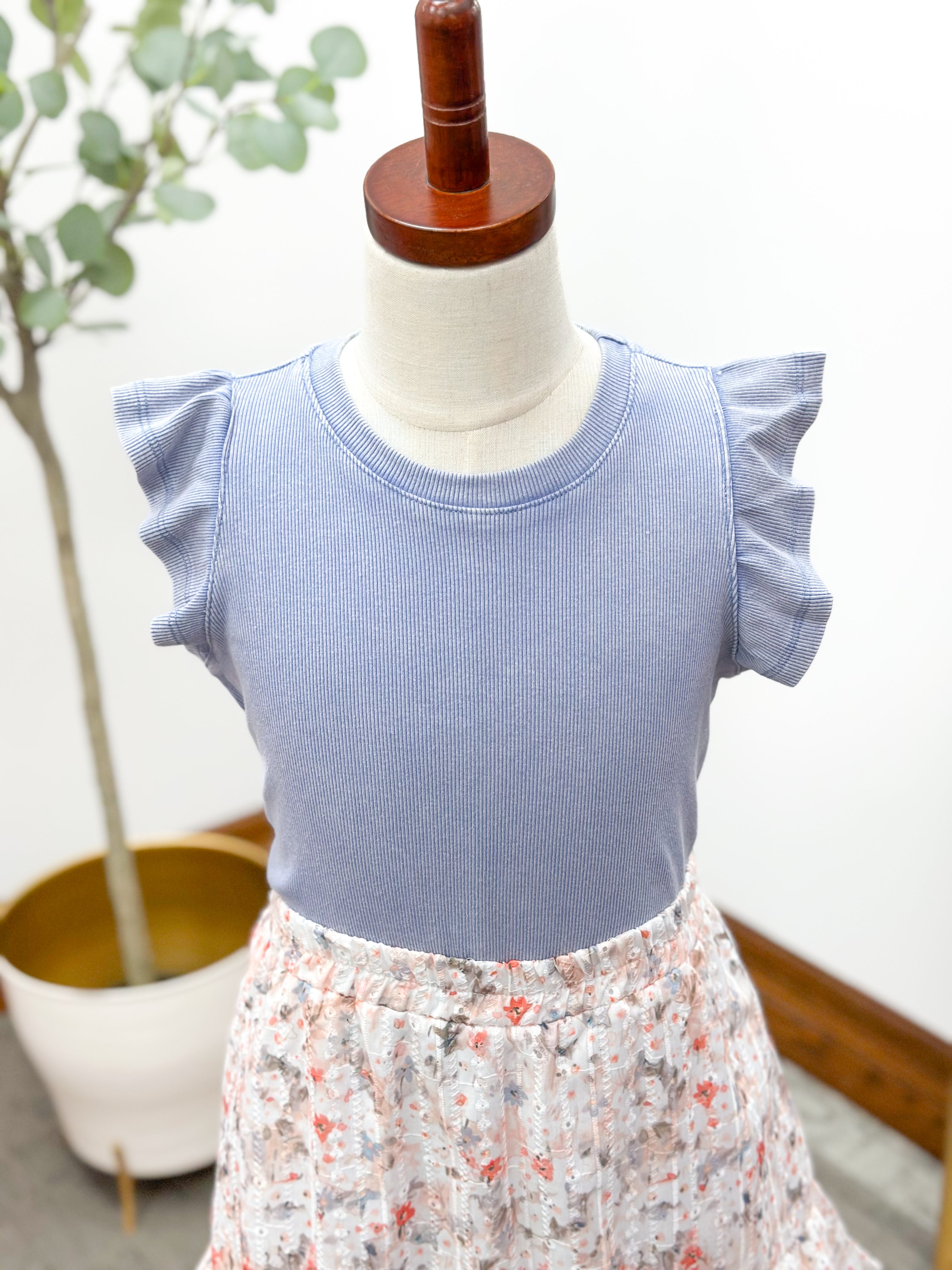 Girls Dusty Blue Ruffle Sleeve Top