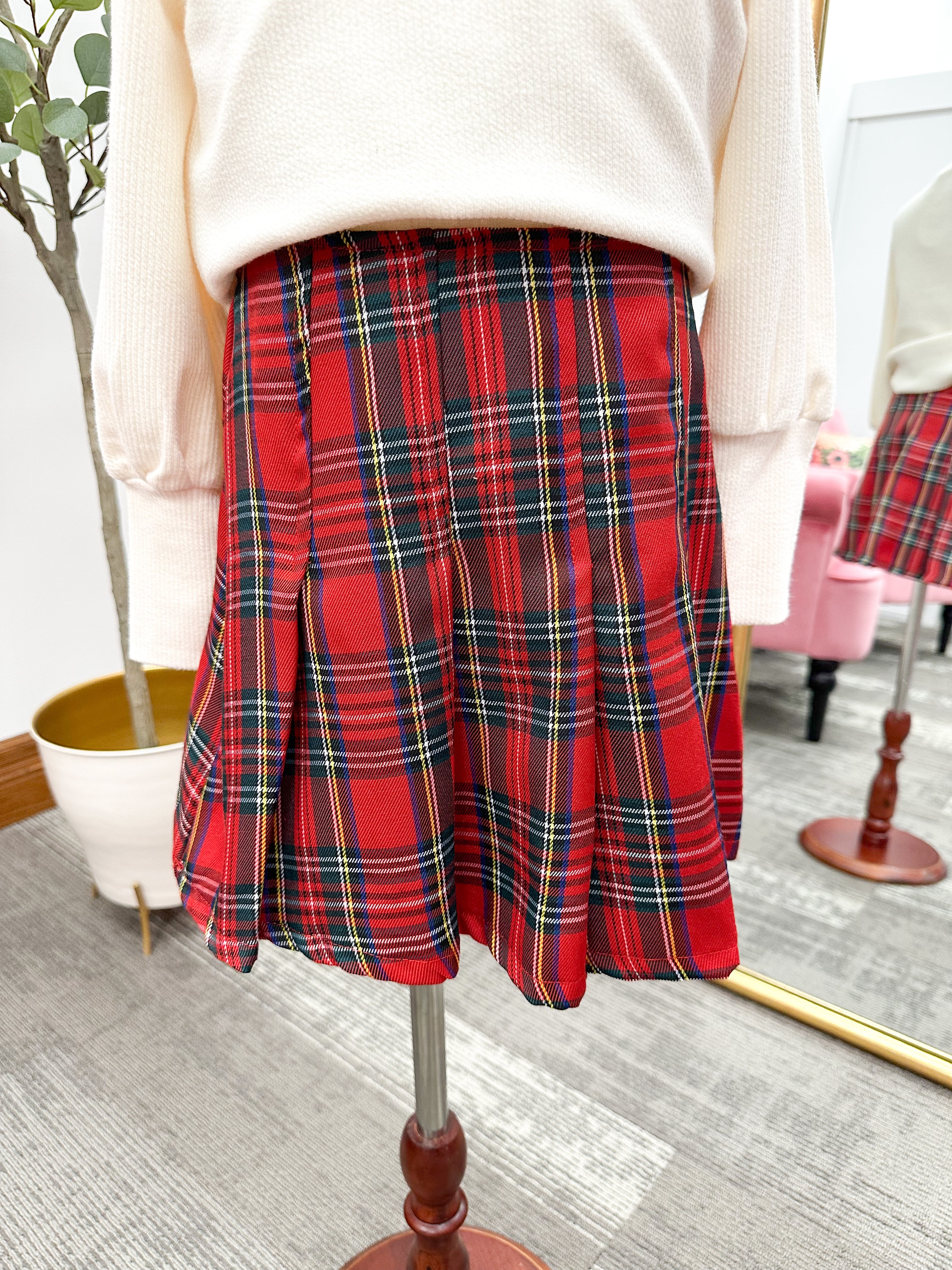 Girls Red Plaid Pleated Skirt For Christmas